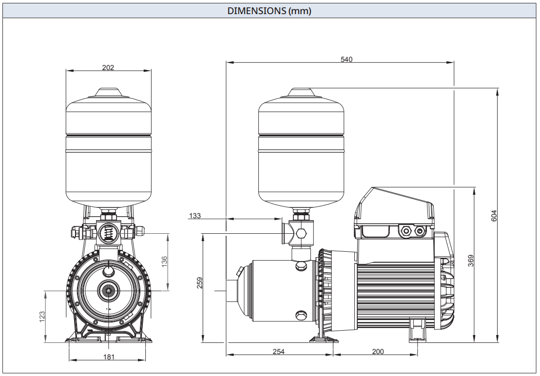 Dimension drawing for the Davey DynaDrive PRO 160-19, front and side views in millimetres