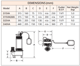 Dimension table and drawing for the Davey vortex dewatering range, covering the D15VA, D25VA and D40VA
