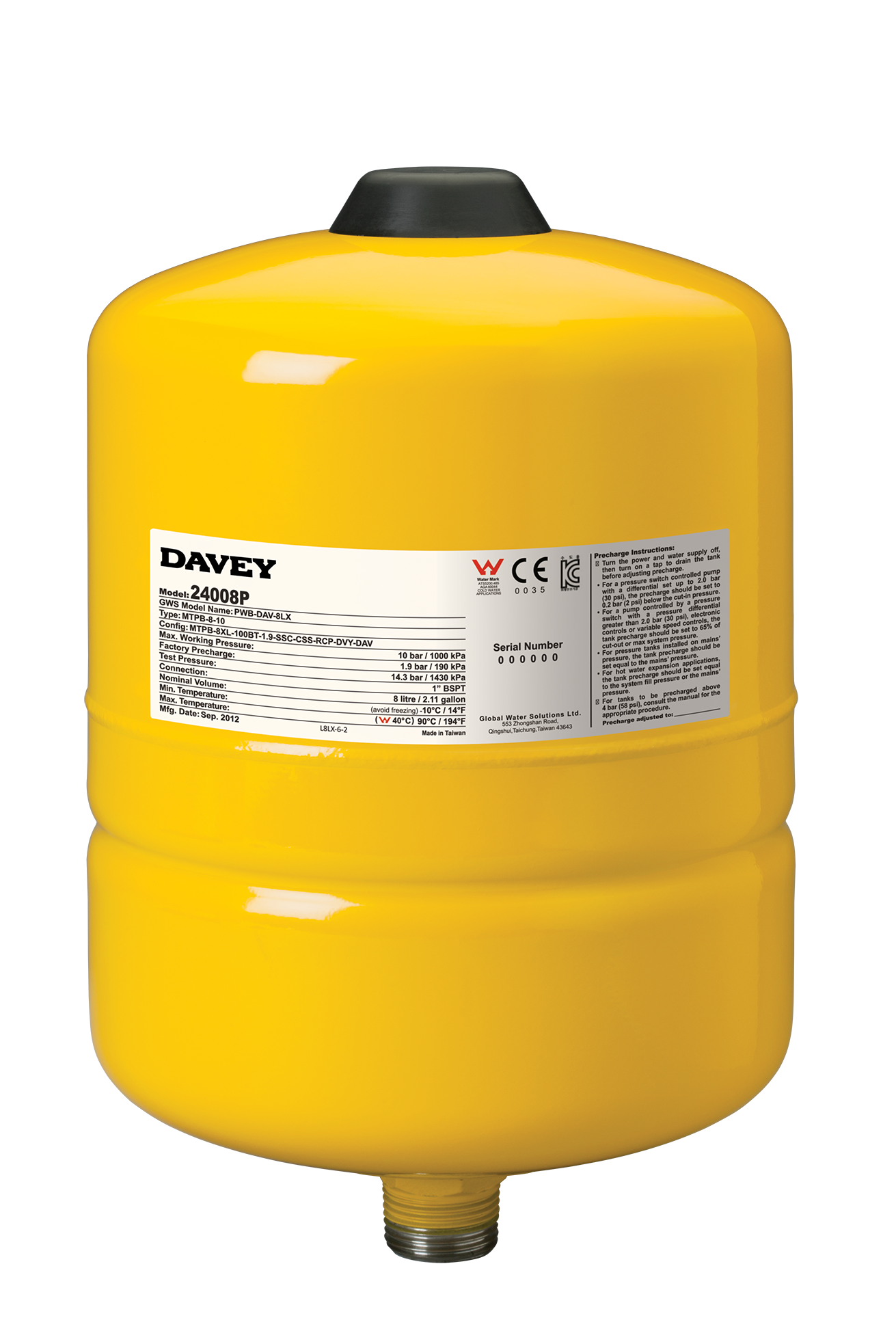 Davey Supercell 8 litre pipe mounted pressure tank, sold by Pump Stuff NZ