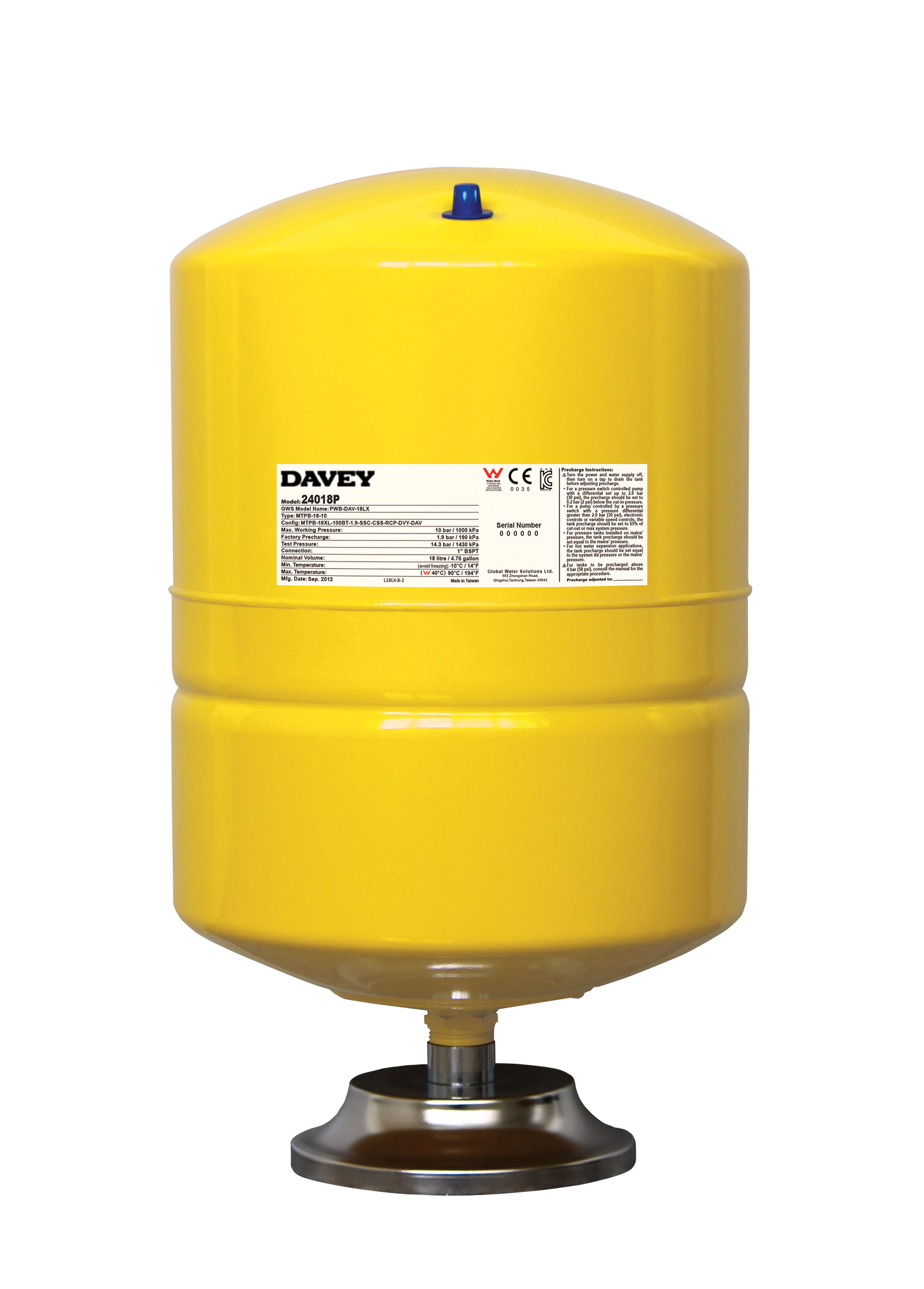 Davey Supercell 18 litre pipe mounted pressure tank
