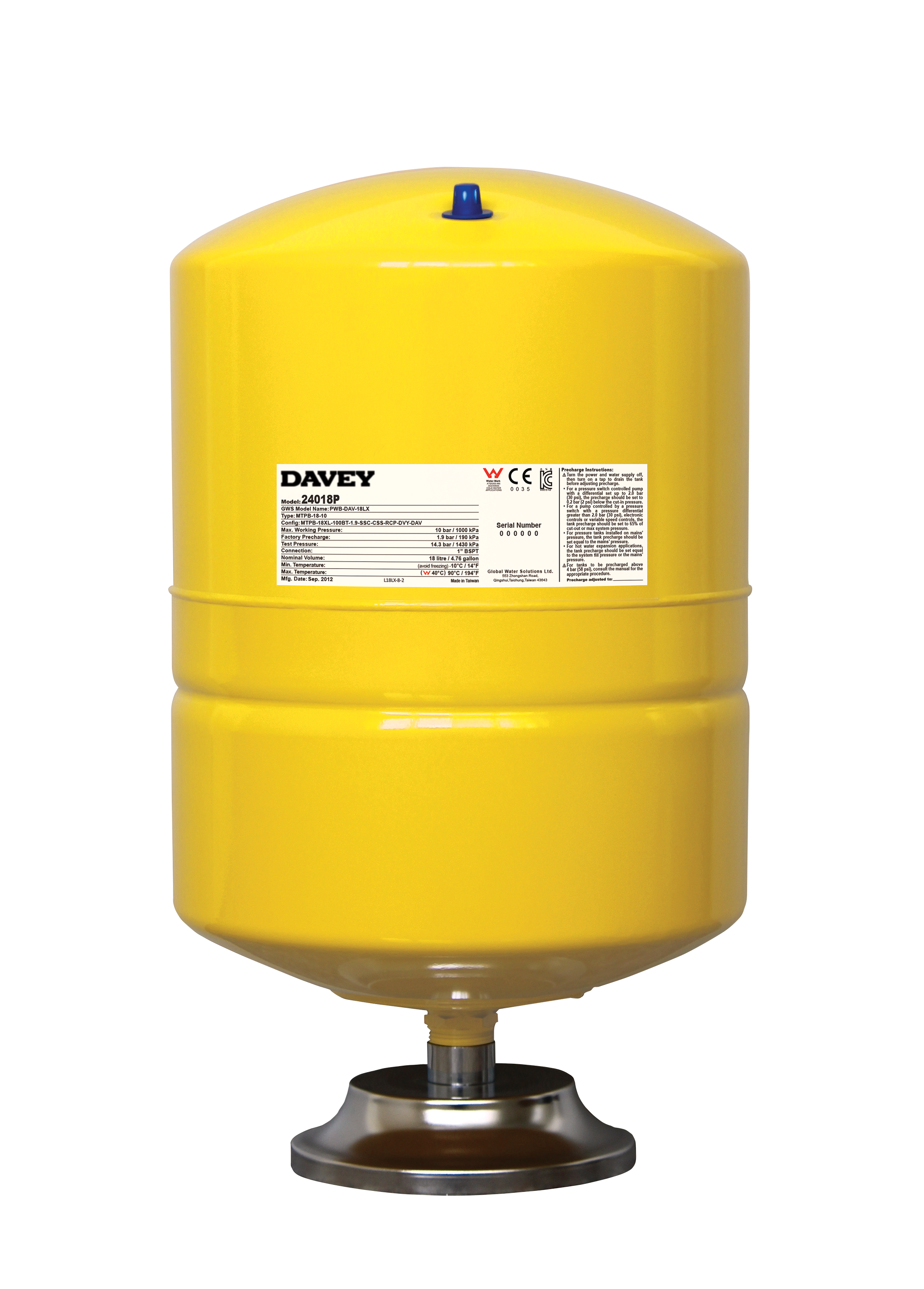 Davey Supercell 18 litre pipe mounted pressure tank
