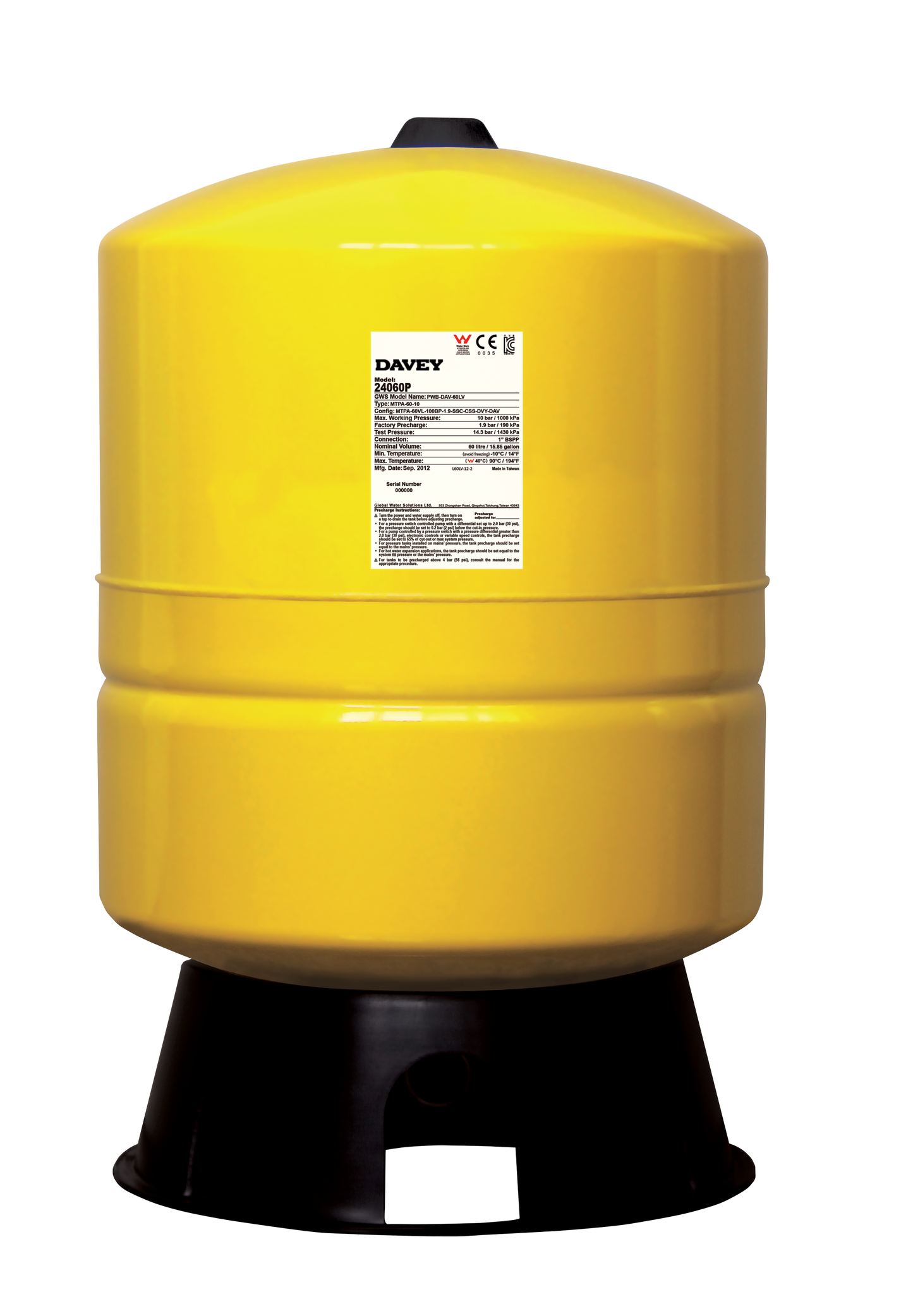 Davey Supercell 60 litre free standing pressure tank on its included foot