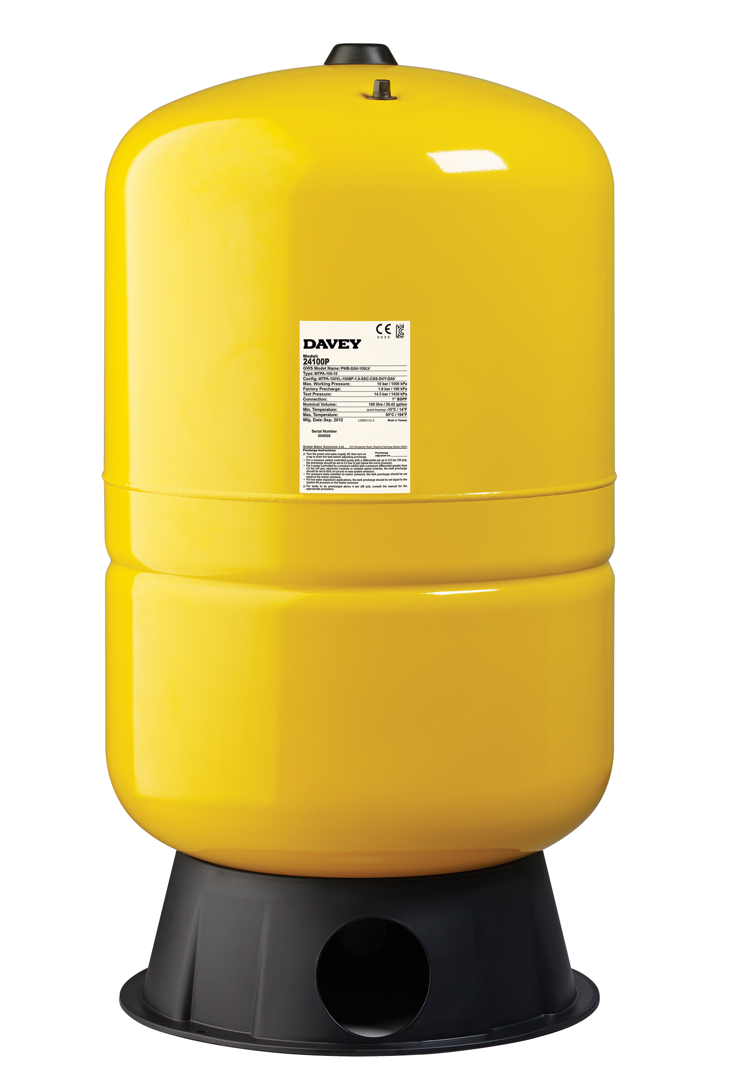 Davey Supercell 100 litre free standing pressure tank on its included foot