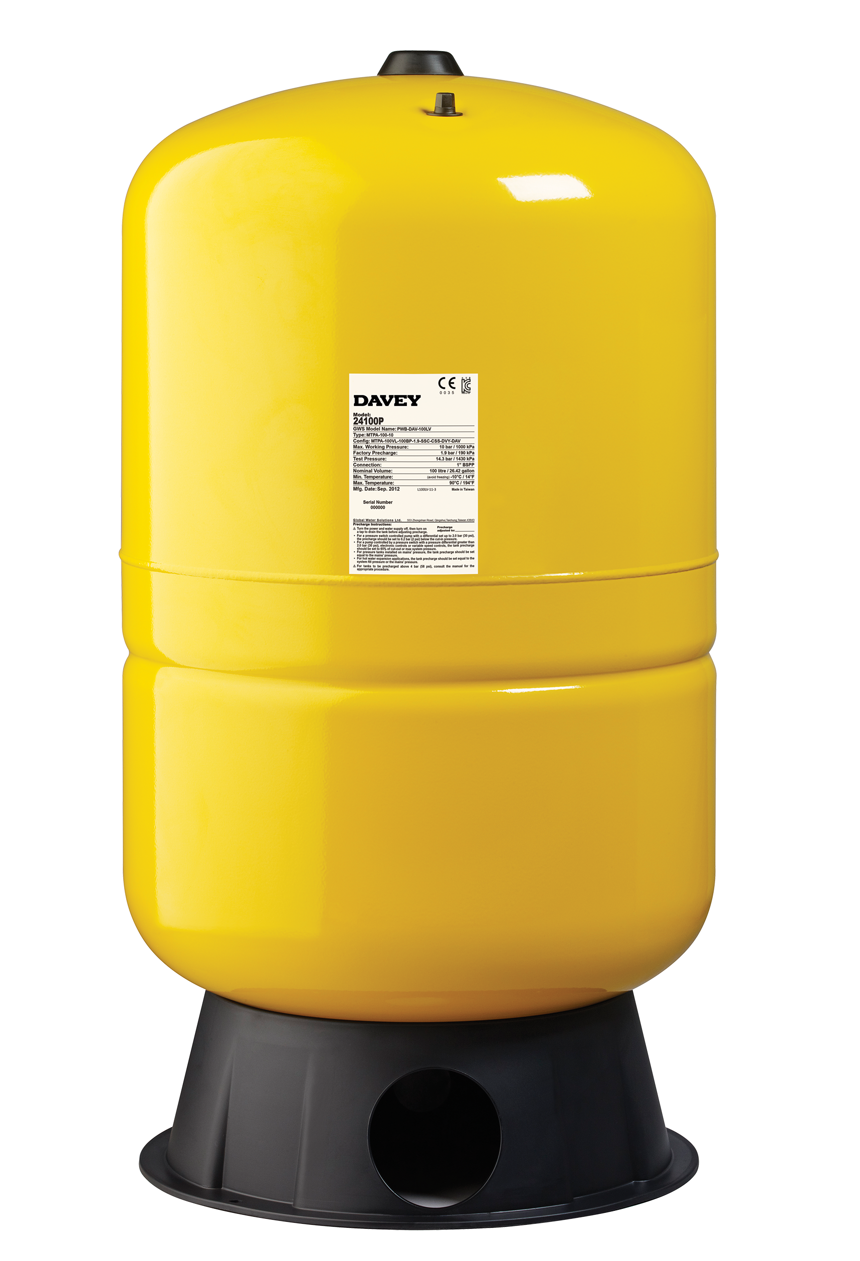 Davey Supercell 100 litre free standing pressure tank on its included foot