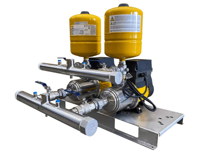 Two Davey DynaDrive pumps daisy chained on a stainless steel manifold for higher flow