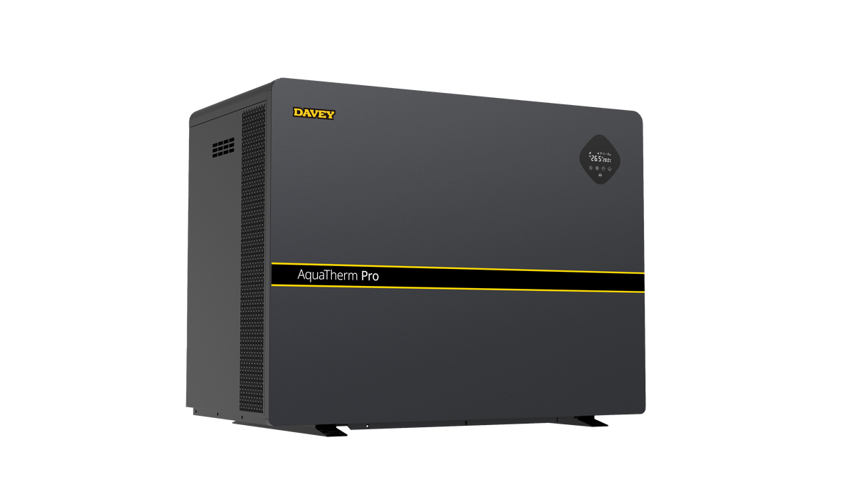 Davey AquaTherm PRO pool heat pump, second angle view on white
