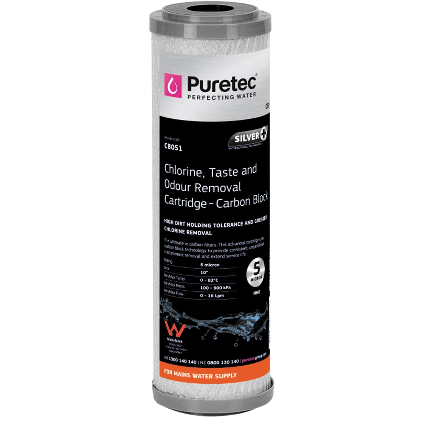 Puretec CB051 carbon block cartridge 5 micron 10 inch, on white