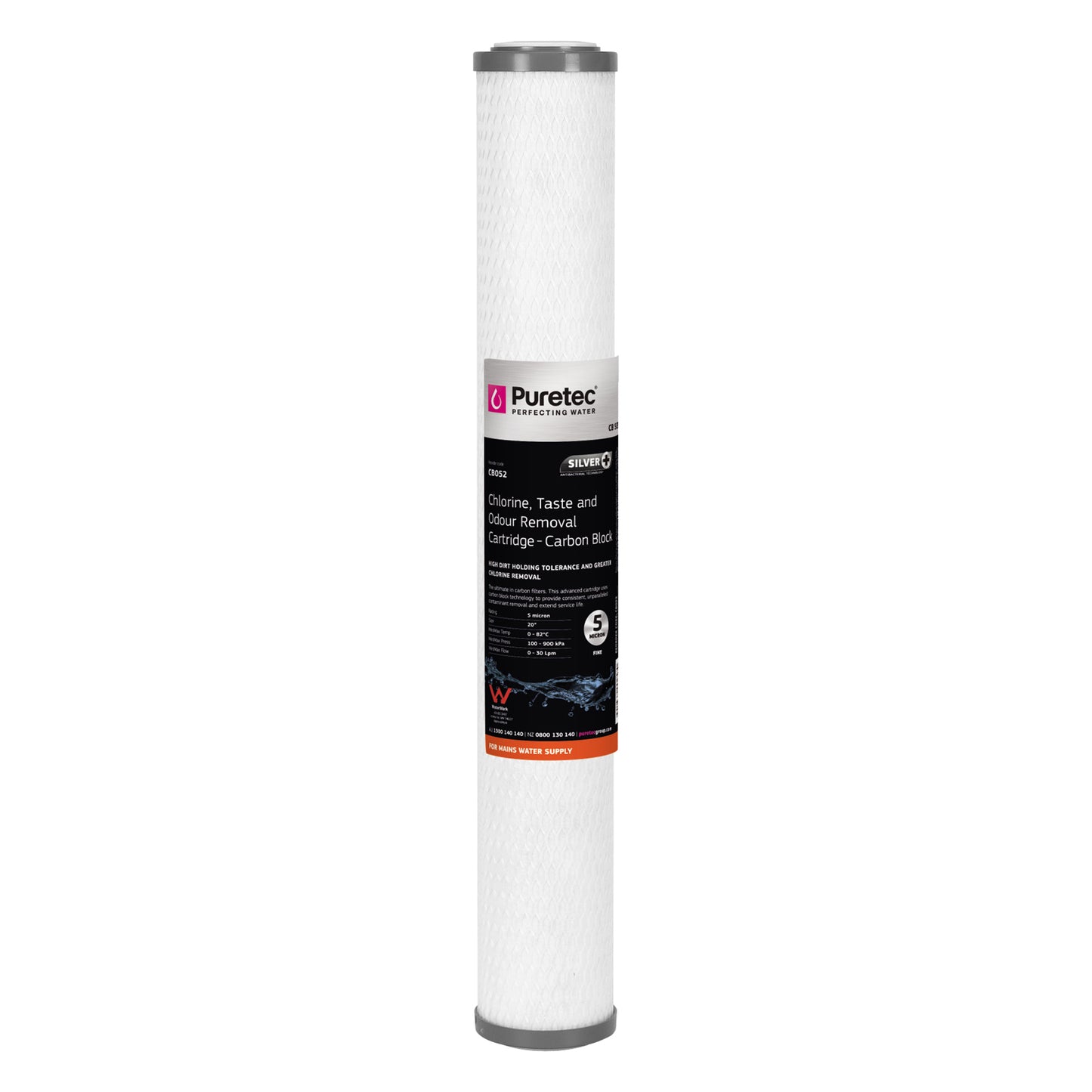 Puretec CB052 Carbon Block Cartridge, 20 inch, 5um, SilverPlus, on white