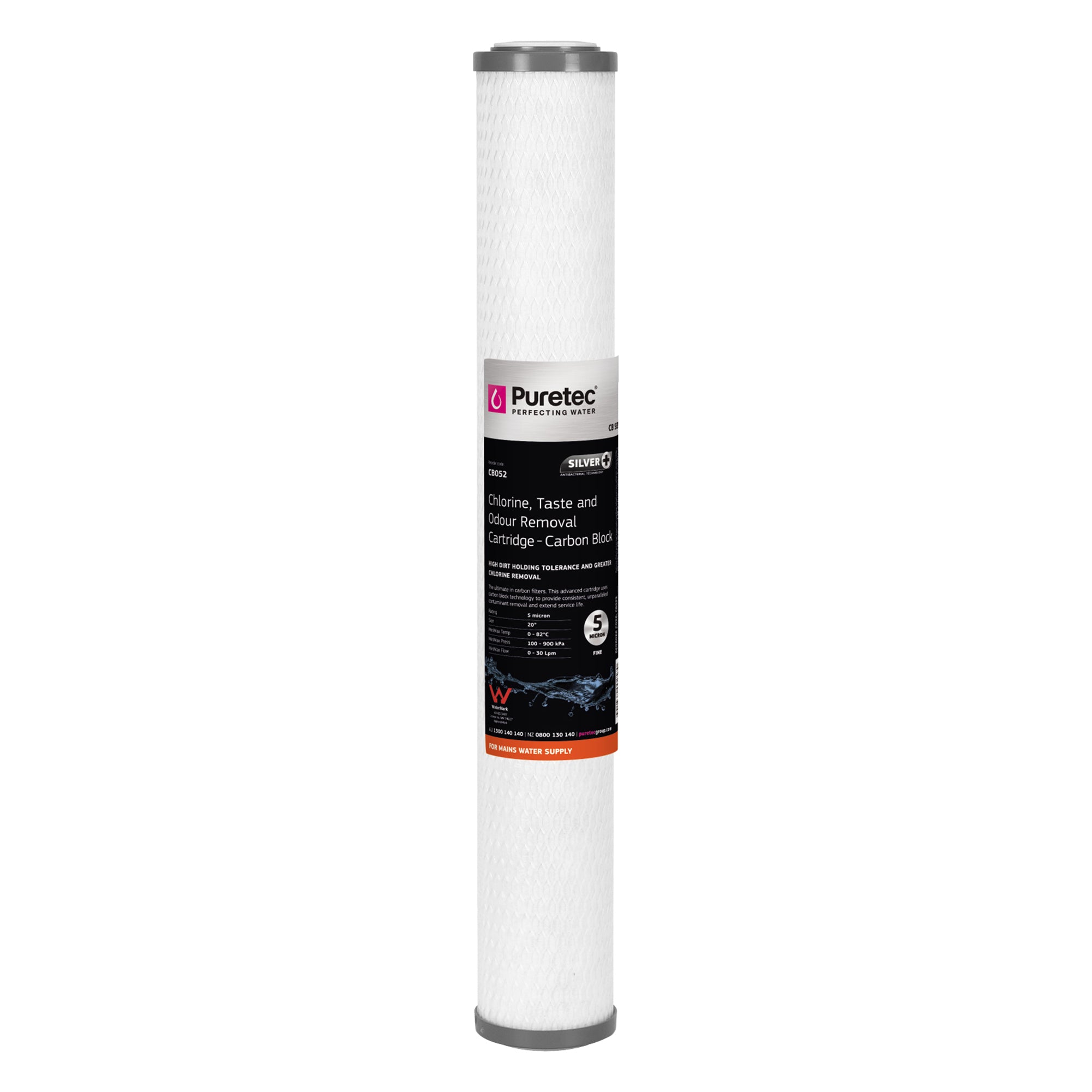 Puretec CB052 Carbon Block Cartridge, 20 inch, 5um, SilverPlus, on white