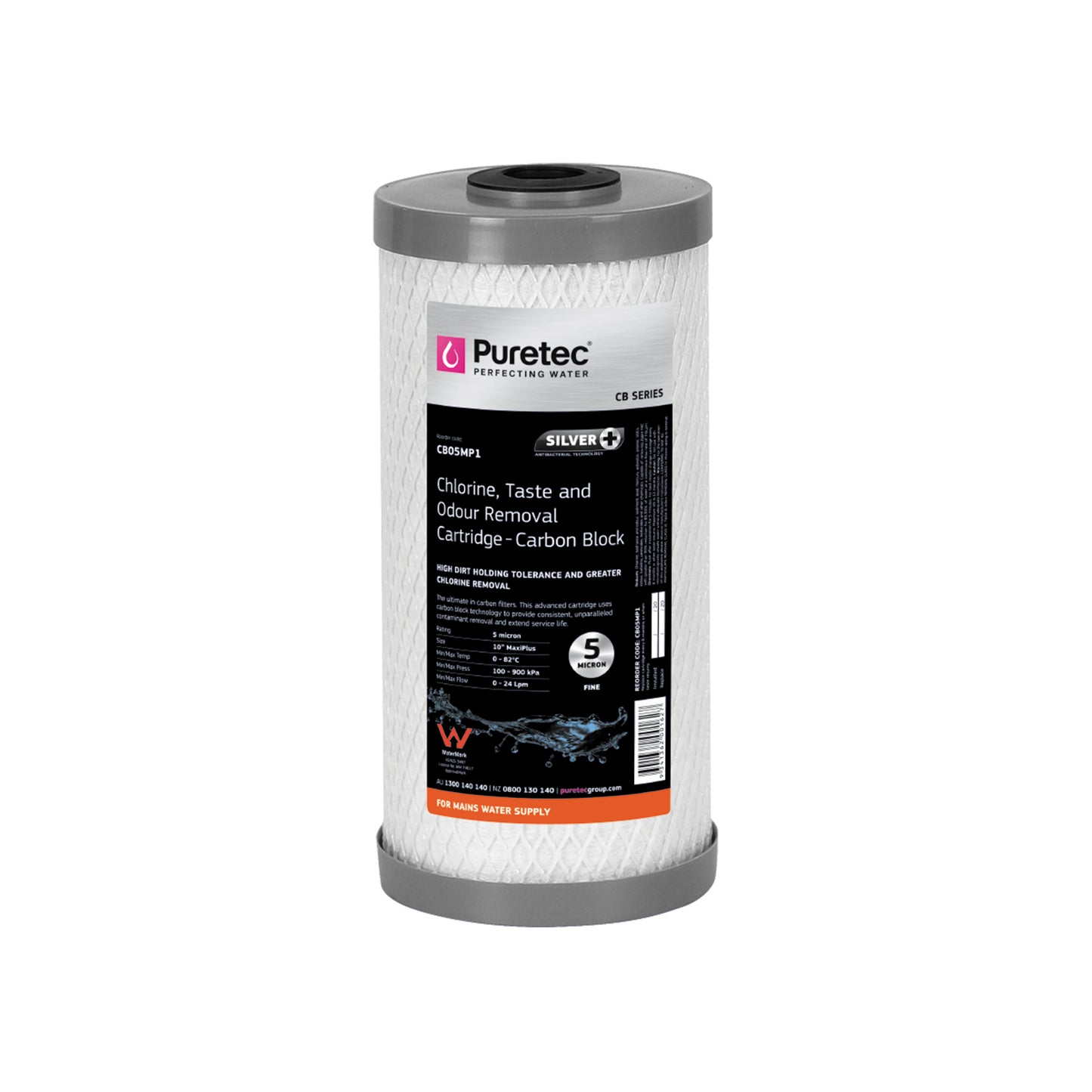 Puretec CB05MP1 Carbon Block Maxi Plus Cartridge, 10 inch, 5um, SilverPlus, on white