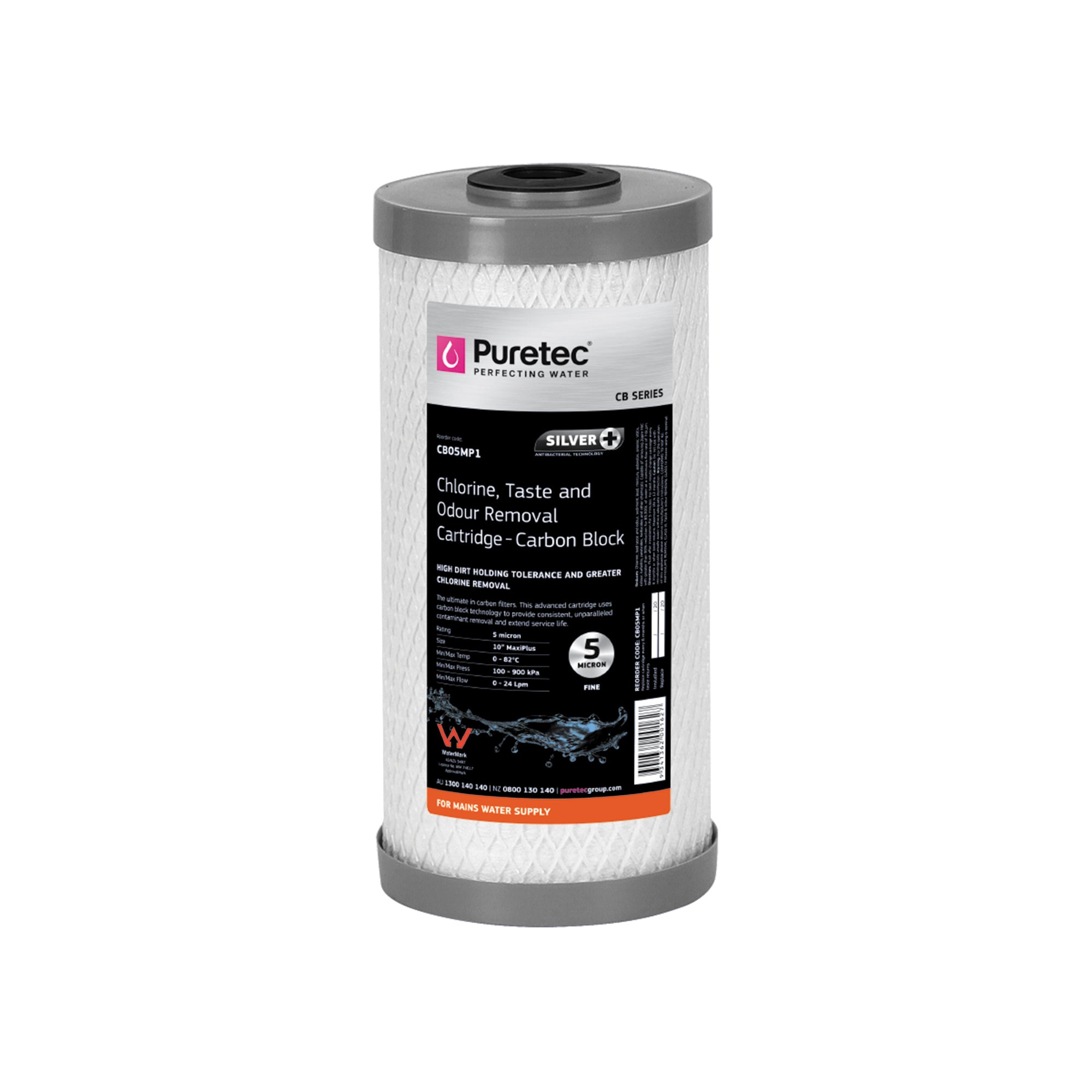 Puretec CB05MP1 Carbon Block Maxi Plus Cartridge, 10 inch, 5um, SilverPlus, on white