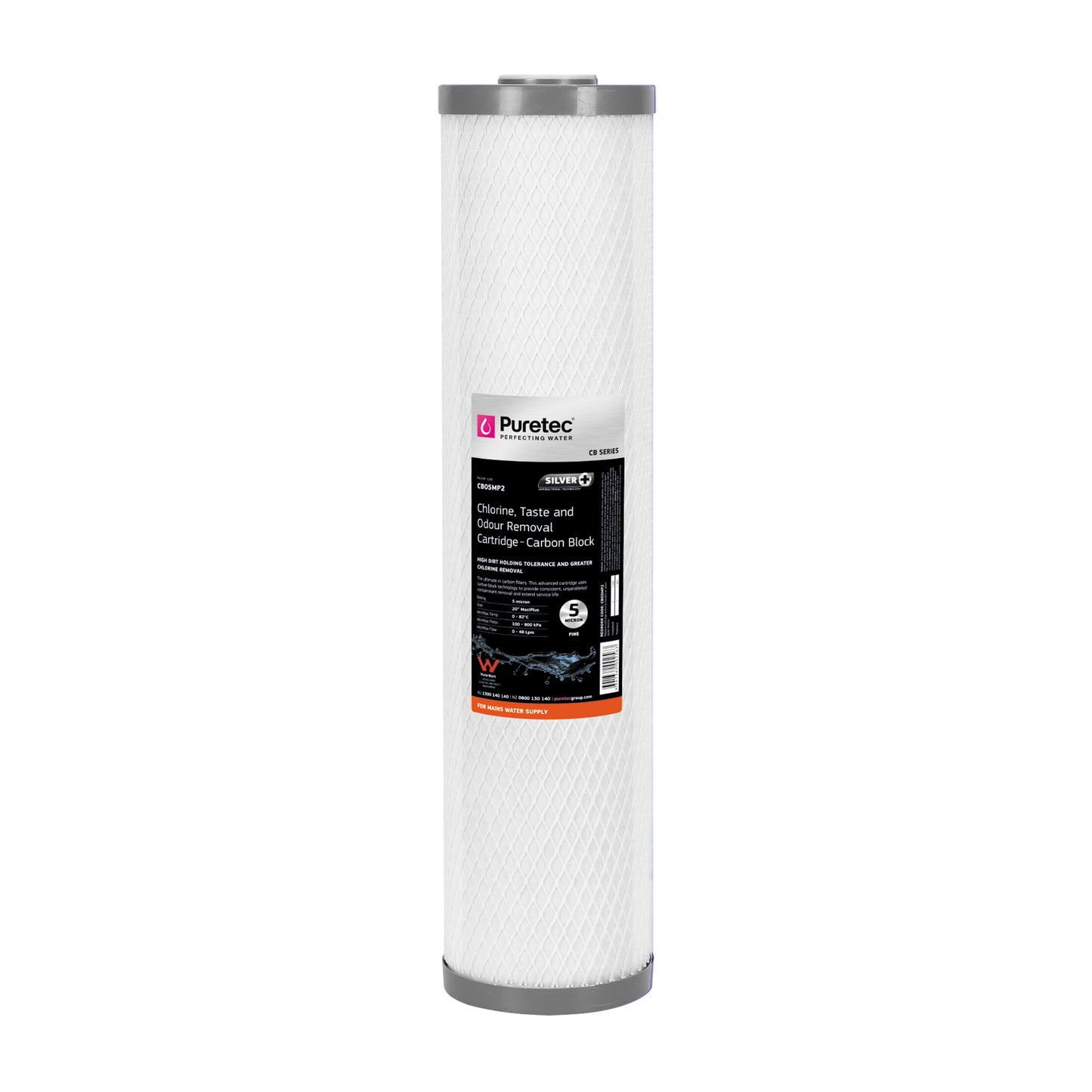 Puretec CB05MP2 Carbon Block Maxi Plus Cartridge, 20 inch, 5um, SilverPlus, on white