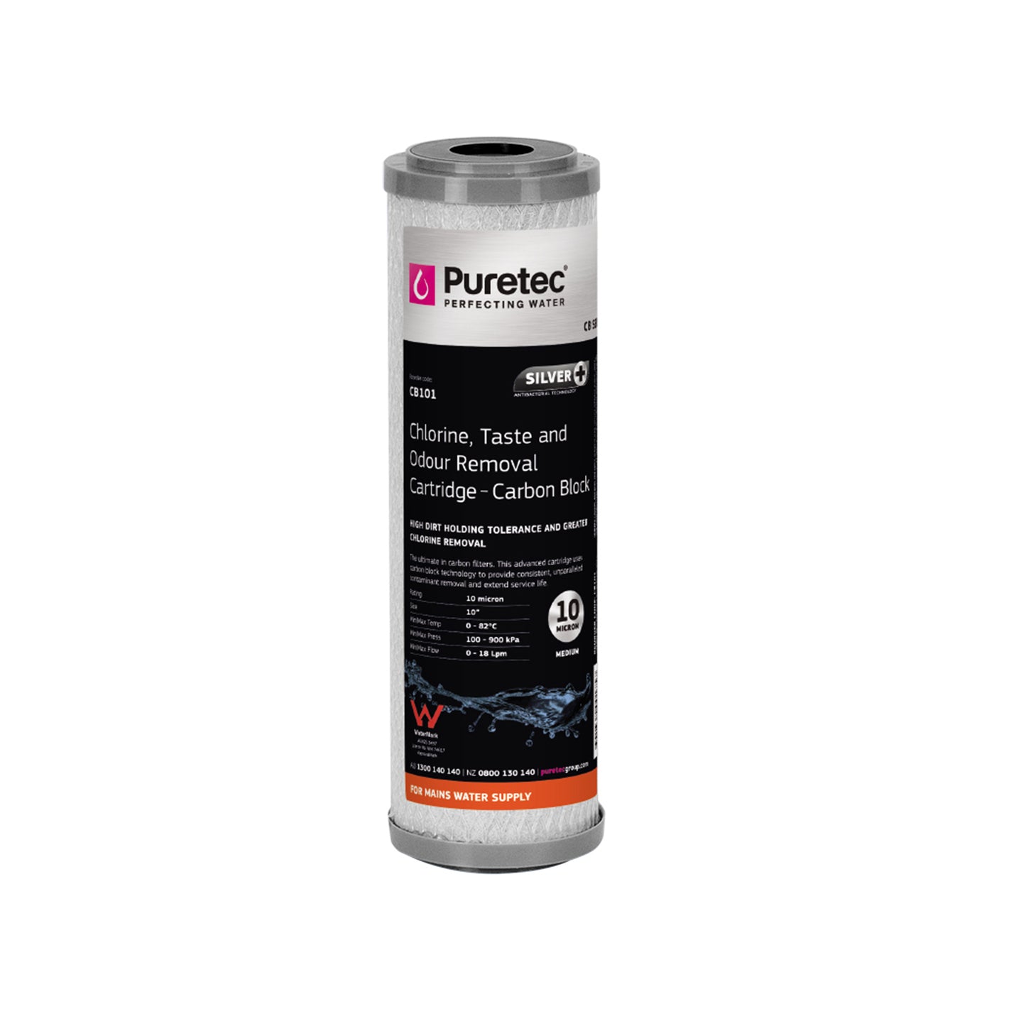 Puretec CB101 Carbon Block Cartridge, 10 inch, 10um, SilverPlus, on white