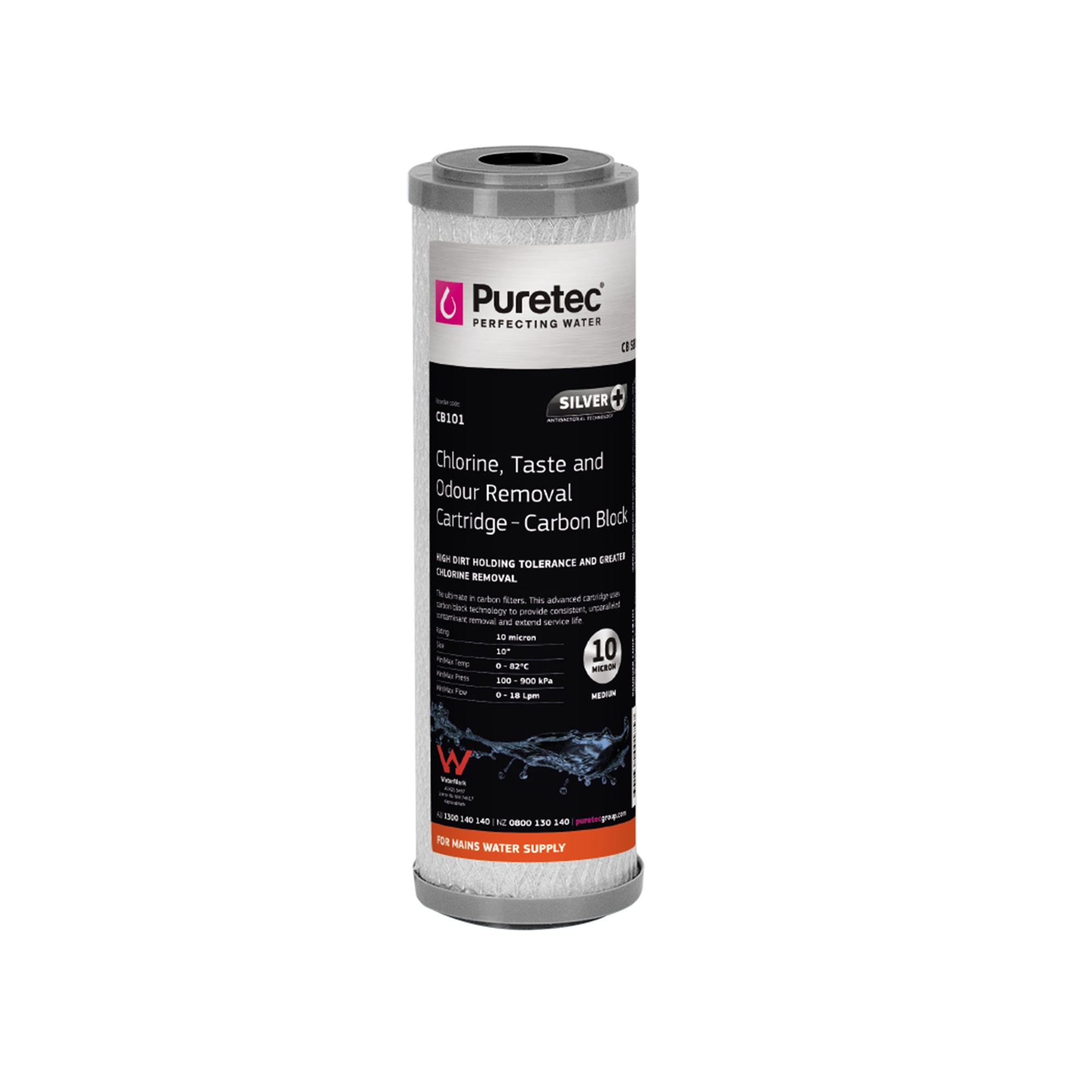 Puretec CB101 Carbon Block Cartridge, 10 inch, 10um, SilverPlus, on white