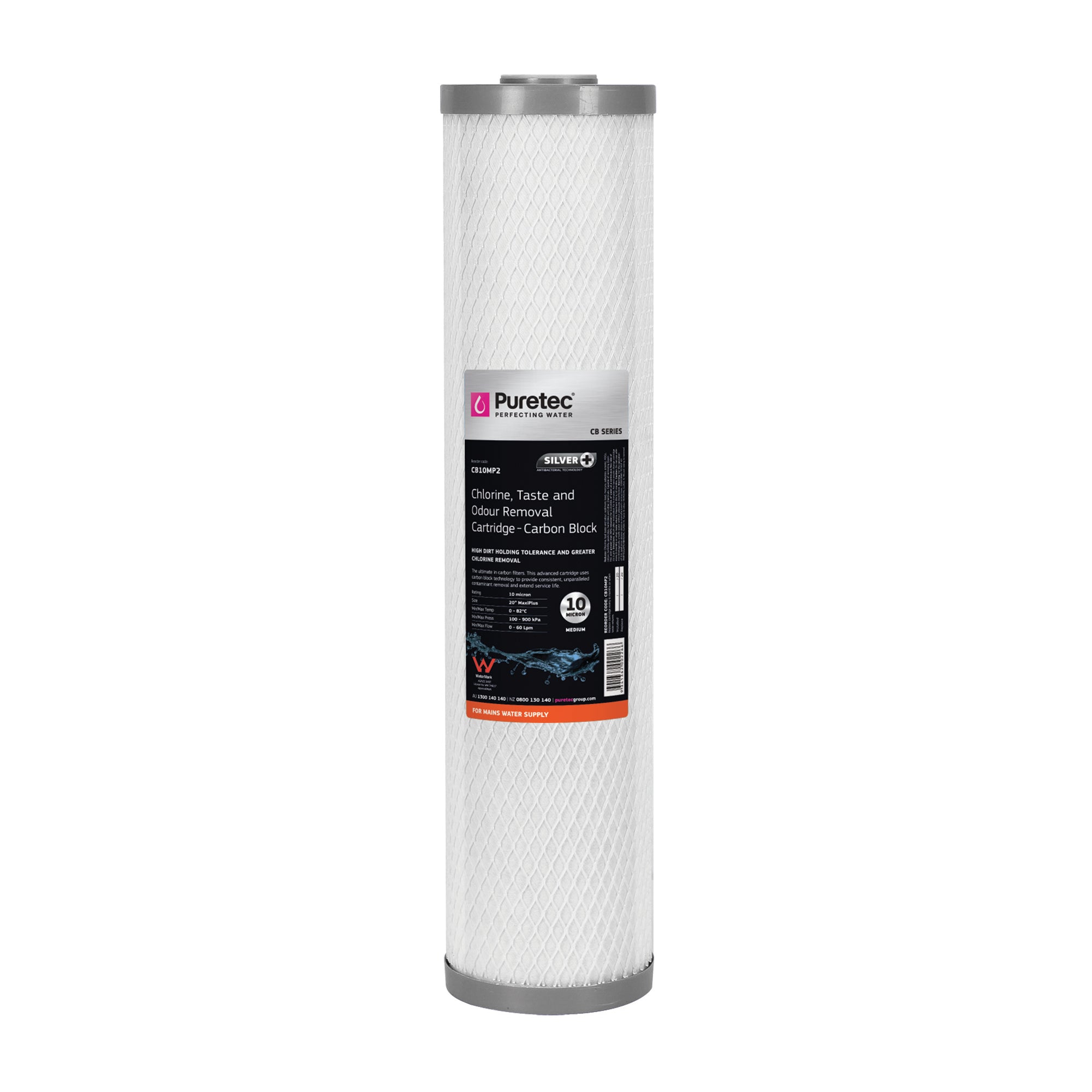 Puretec CB10MP2 Carbon Block Maxi Plus Cartridge, 20 inch, 10um, SilverPlus, on white