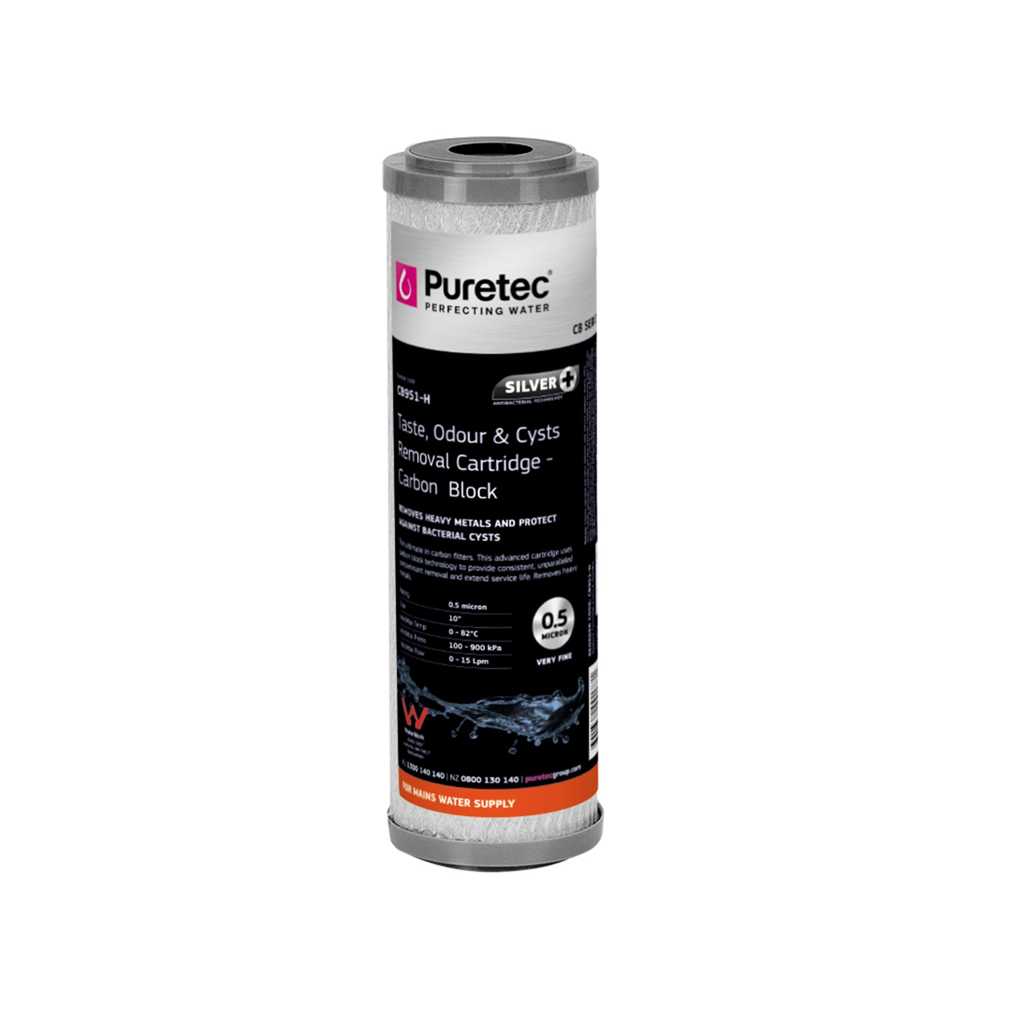 Puretec CB951-H Carbon Block Cartridge, 10 inch, 0.5um Heavy Metal, SilverPlus, on white
