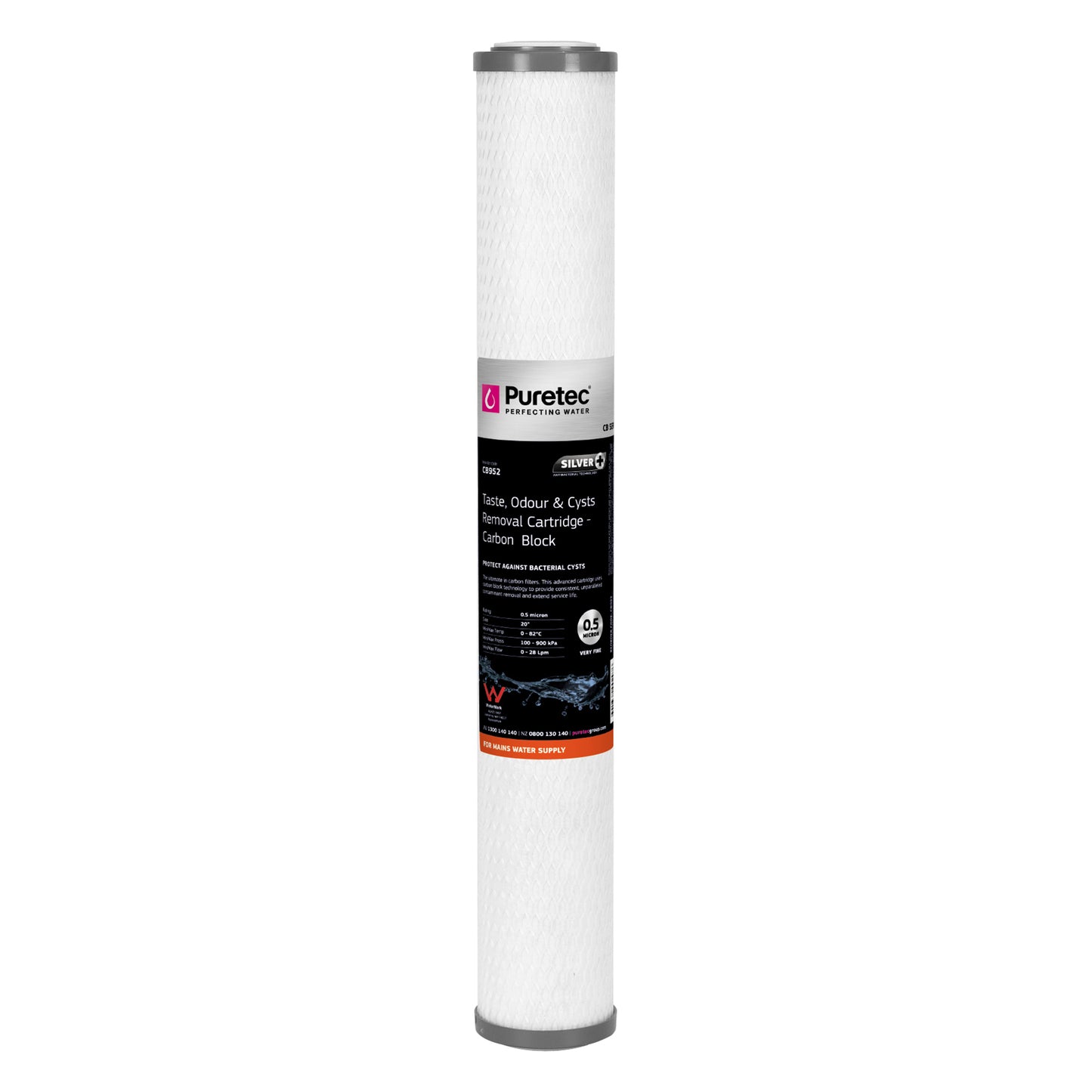 Puretec CB952 Carbon Block Cartridge, 20 inch, 0.5um Cyst Red, SilverPlus, on white
