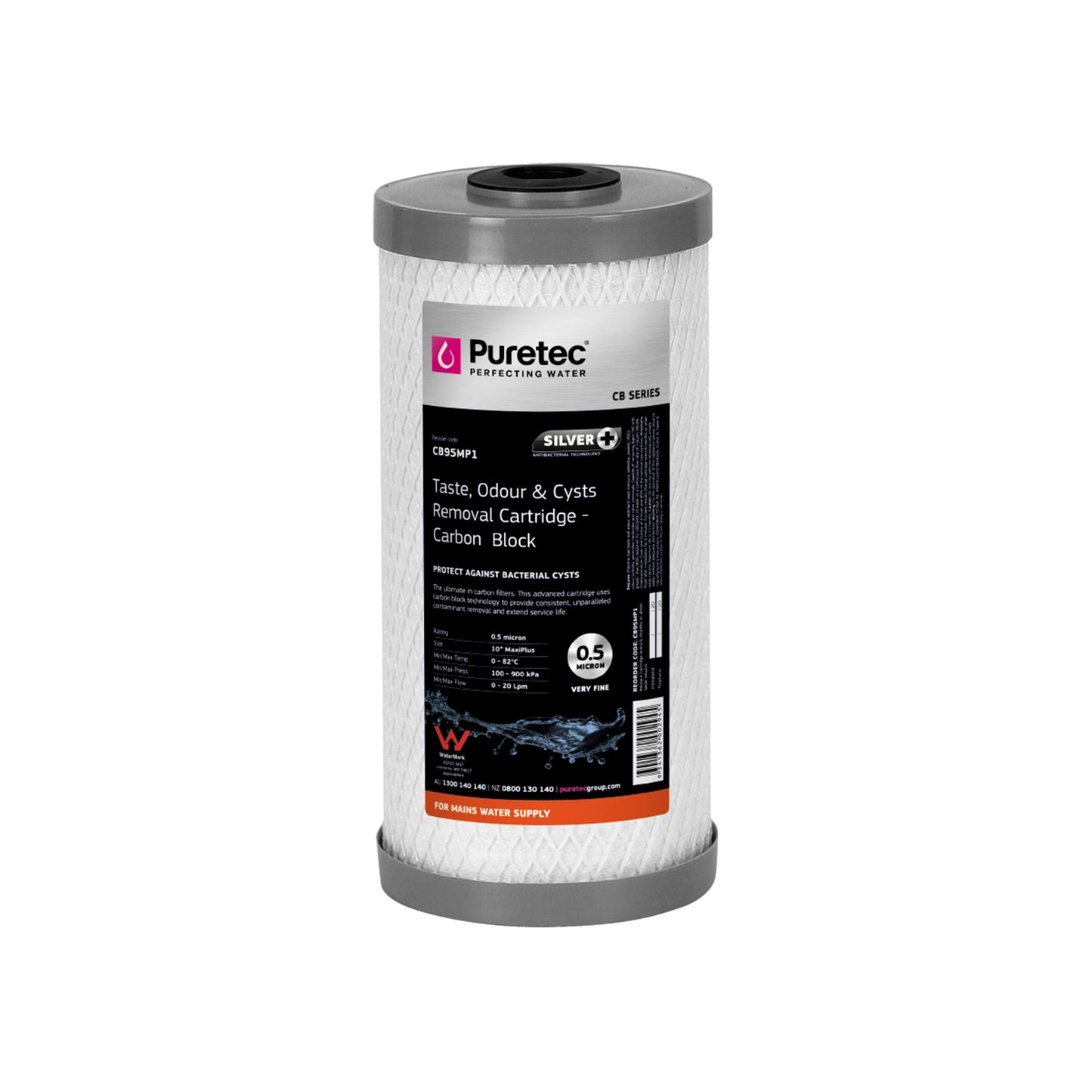 Puretec CB95MP1 Carbon Block Maxi Plus Cartridge, 10 inch, 0.5um, SilverPlus, on white