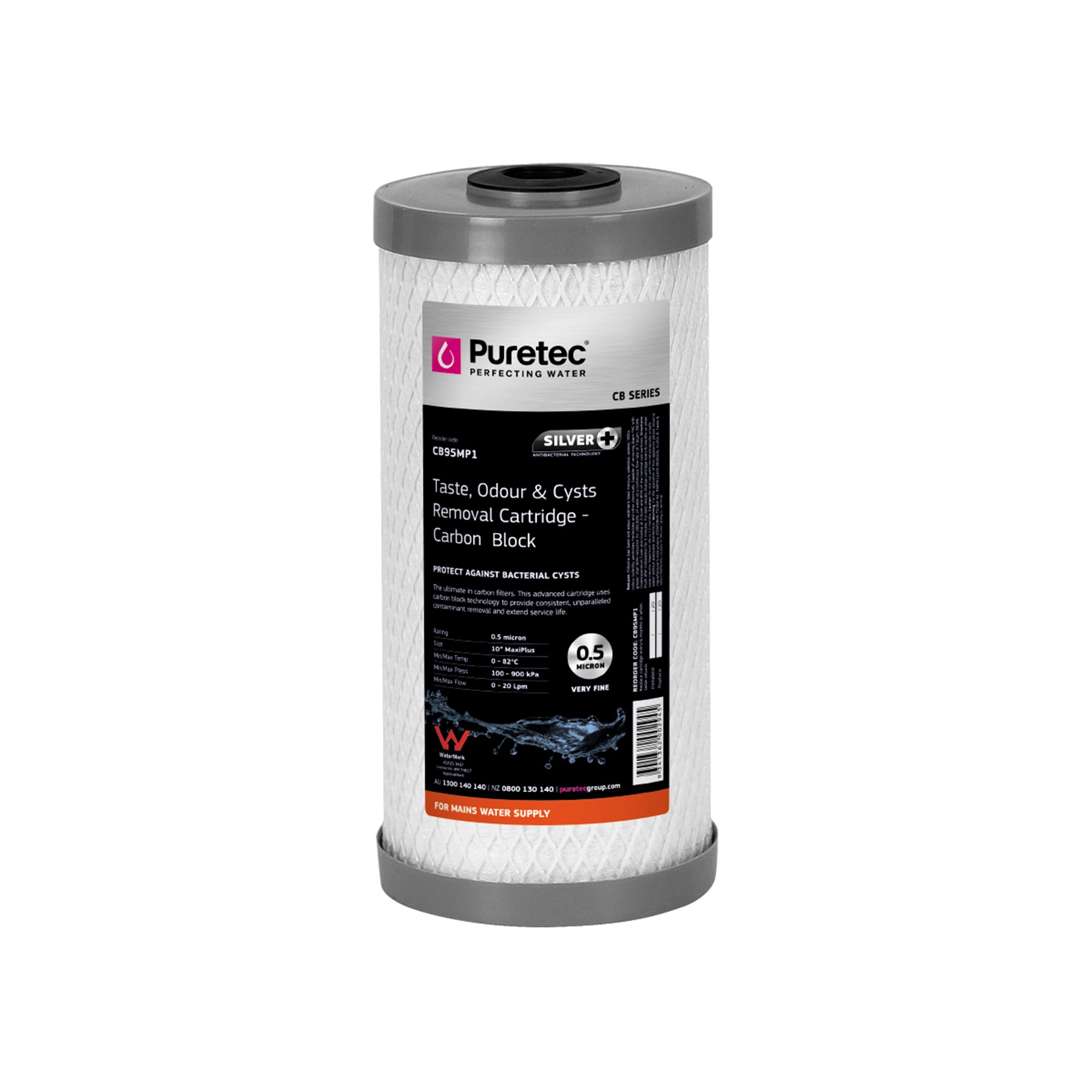 Puretec CB95MP1 Carbon Block Maxi Plus Cartridge, 10 inch, 0.5um, SilverPlus, on white