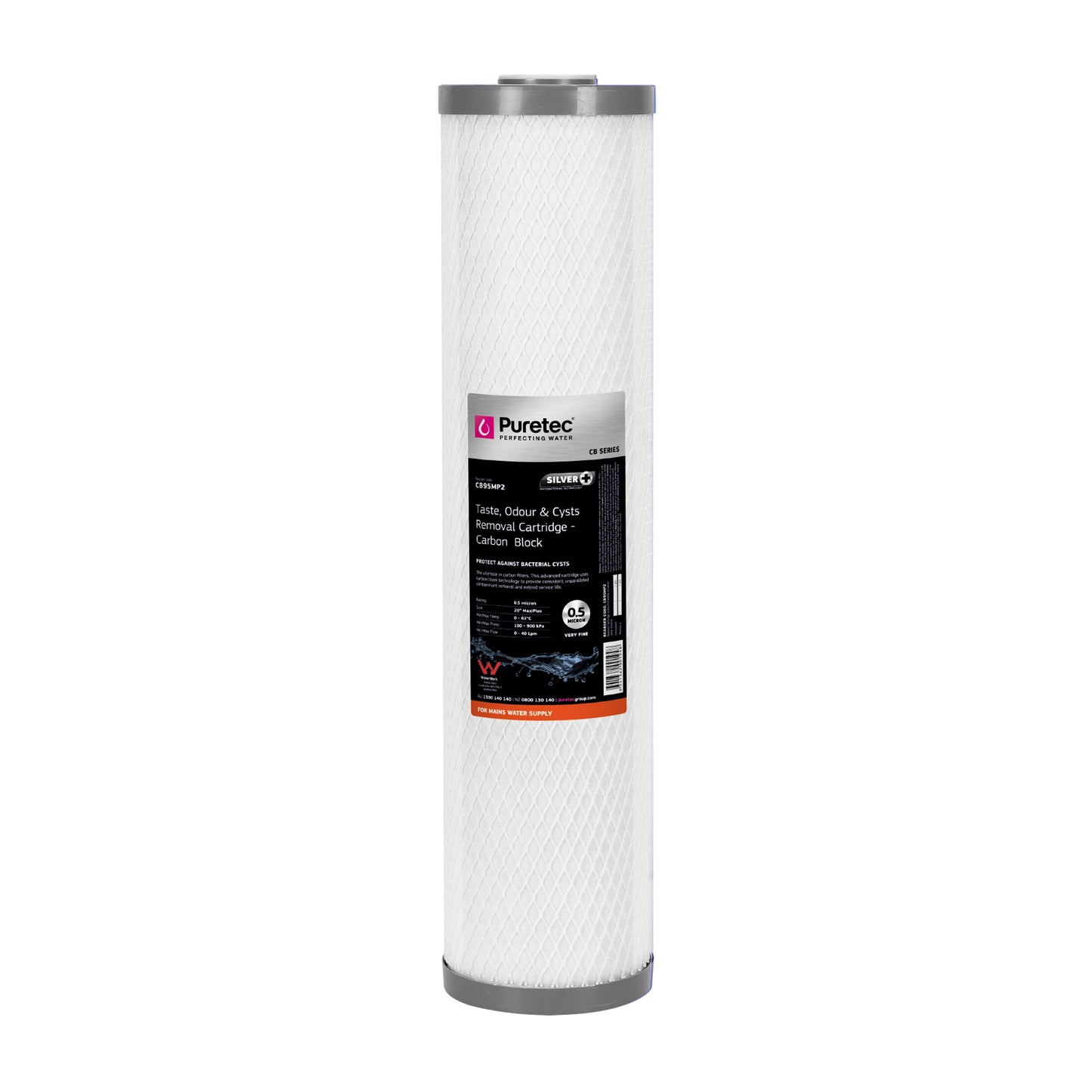 Puretec CB95MP2 Carbon Block Maxi Plus Cartridge, 20 inch, 0.5um, SilverPlus, on white