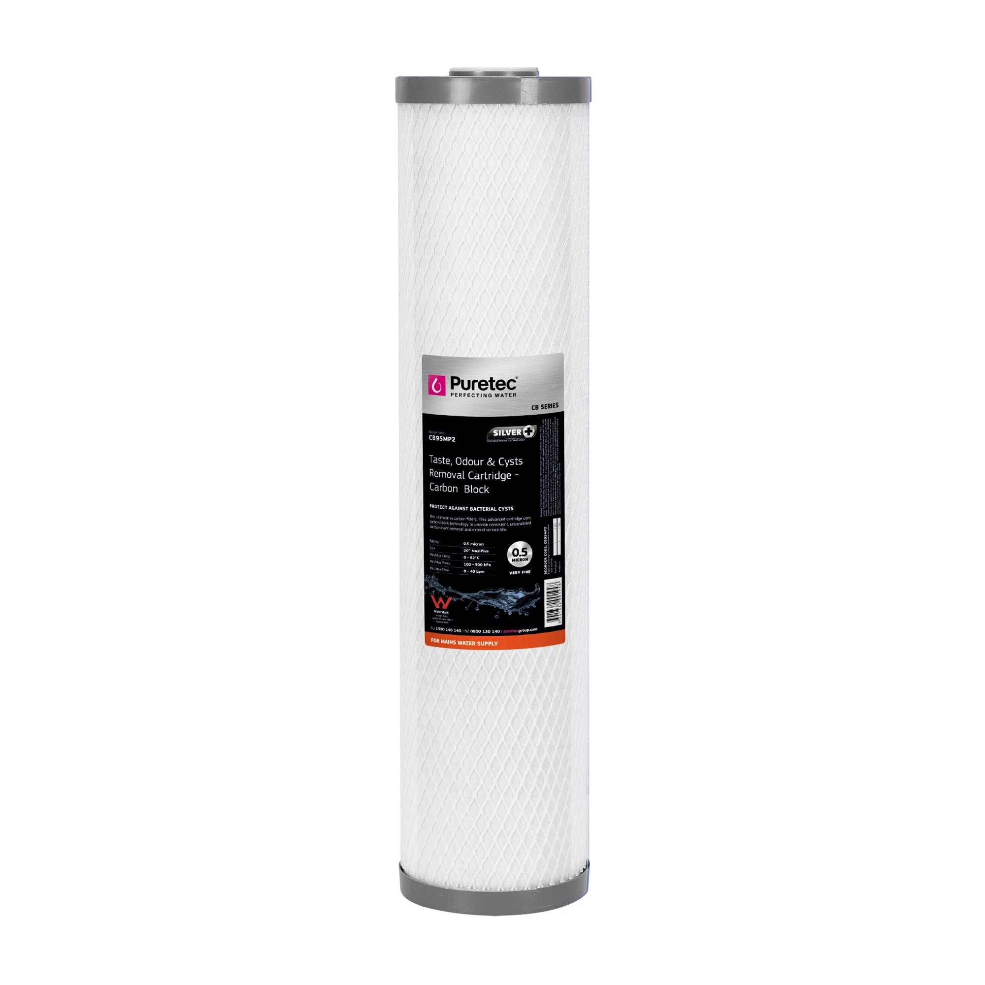 Puretec CB95MP2 Carbon Block Maxi Plus Cartridge, 20 inch, 0.5um, SilverPlus, on white
