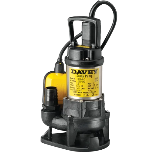 Davey D15VA vortex submersible dewatering pump with a float switch and carry handle, sold by Pump Stuff NZ