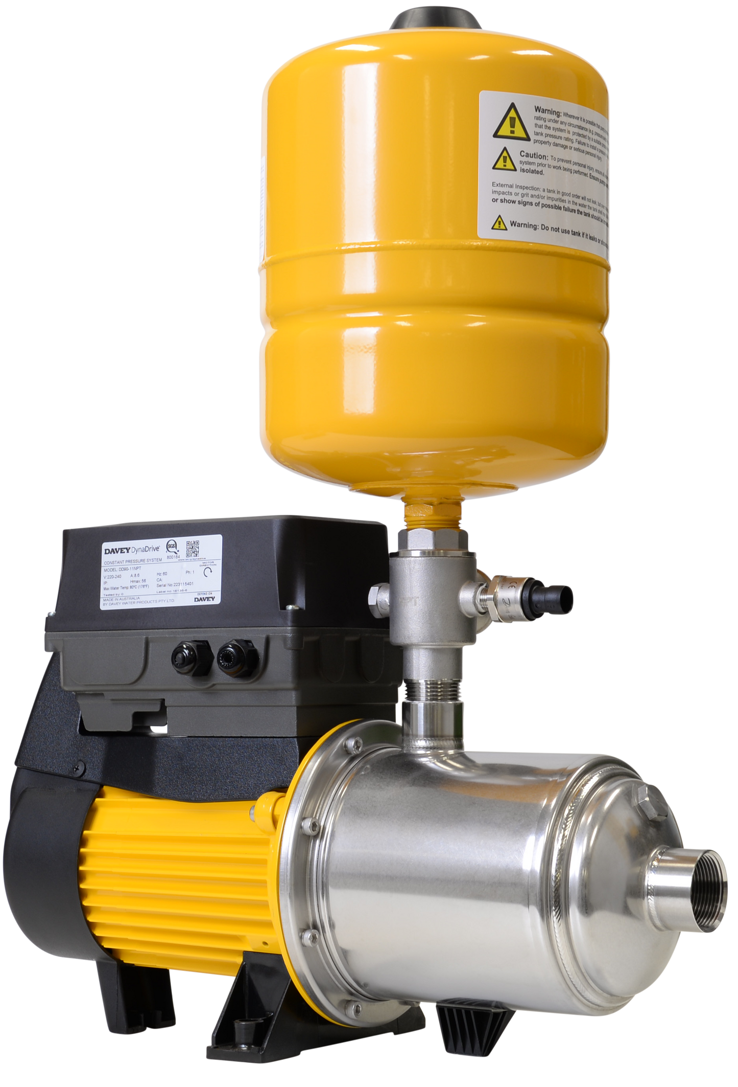 Davey DynaDrive 60-10 variable speed pressure pump, stainless steel multistage wet end with a yellow pressure vessel on top, sold by Pump Stuff NZ