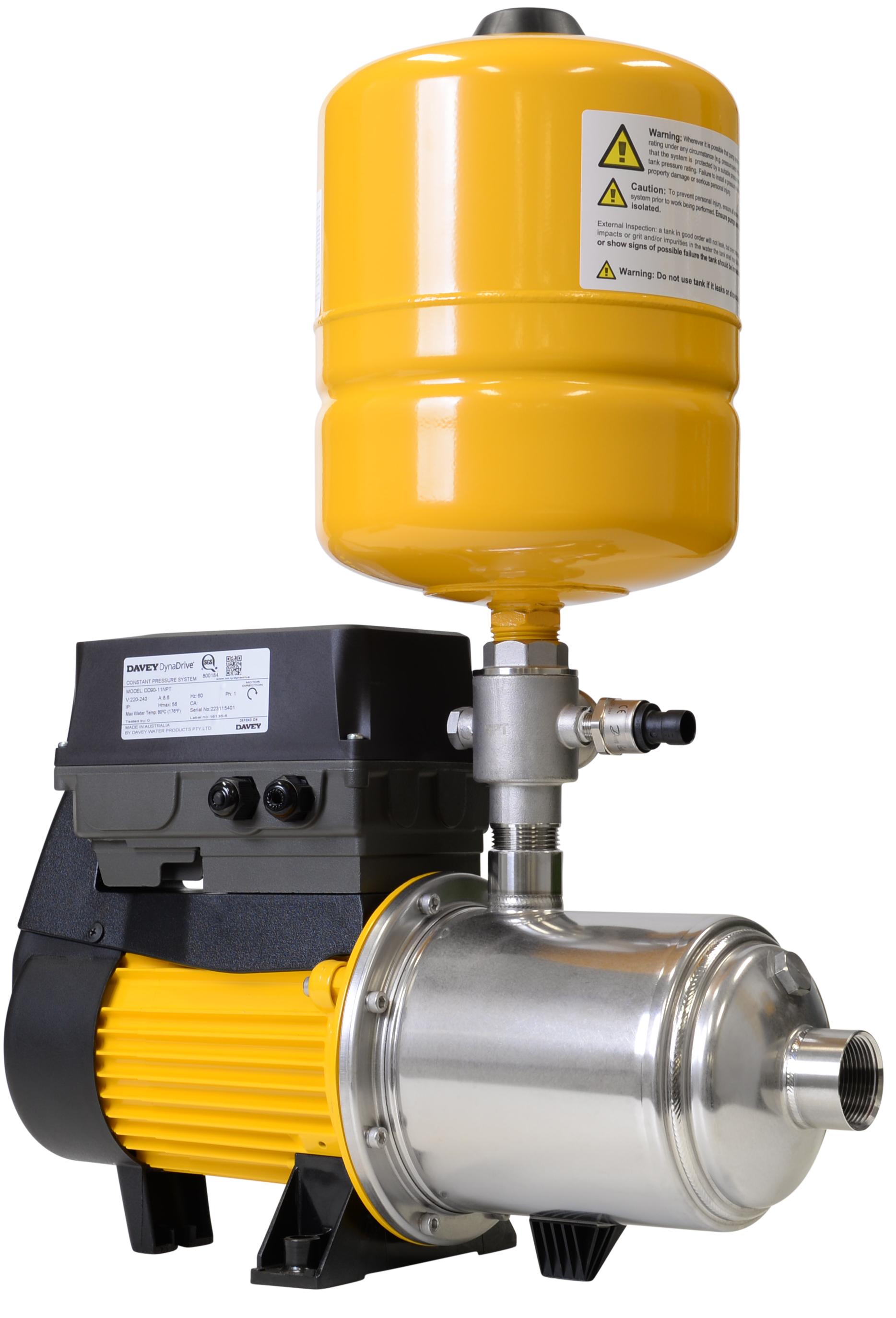 Davey DynaDrive 60-10 variable speed pressure pump, stainless steel multistage wet end with a yellow pressure vessel on top, sold by Pump Stuff NZ
