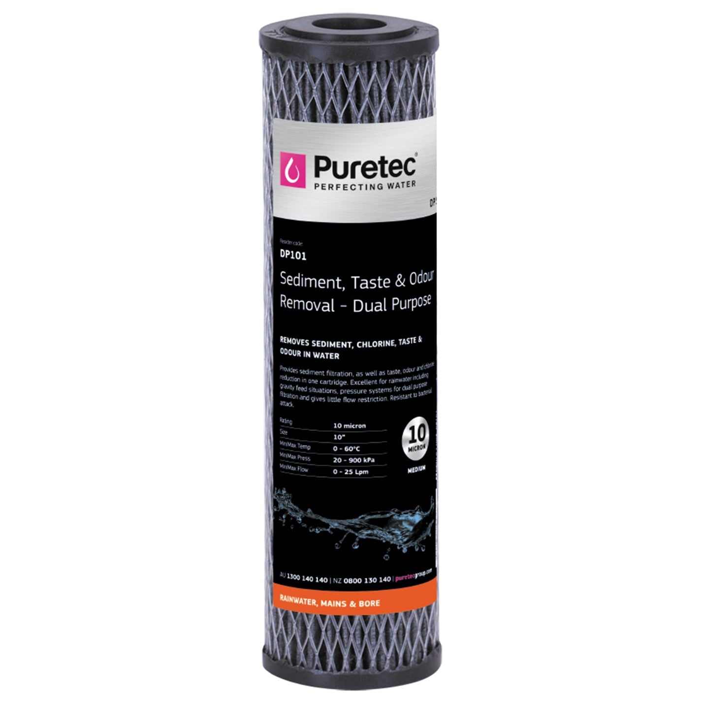 Puretec DP101 Dual Purpose Carbon Cartridge, 10 inch, 10um, on white