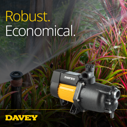 Davey Dynajet brand image, a garden sprinkler running with the pump beside it, captioned robust and economical