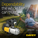 Davey HM Series brand image, a family watering the garden, captioned dependability the whole family can trust