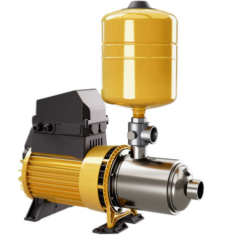 Davey DynaDrive variable speed pressure pump, stainless steel multistage wet end with a yellow pressure vessel mounted on top, sold by Pump Stuff NZ