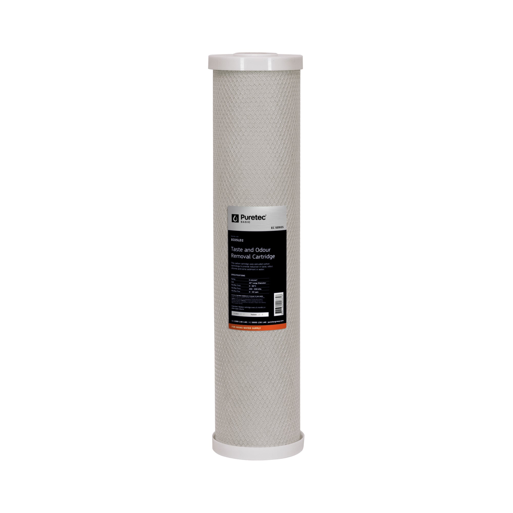 Puretec EC05LD2 Extruded Carbon Large Diameter Cartridge, 20 inch, 5um, on white