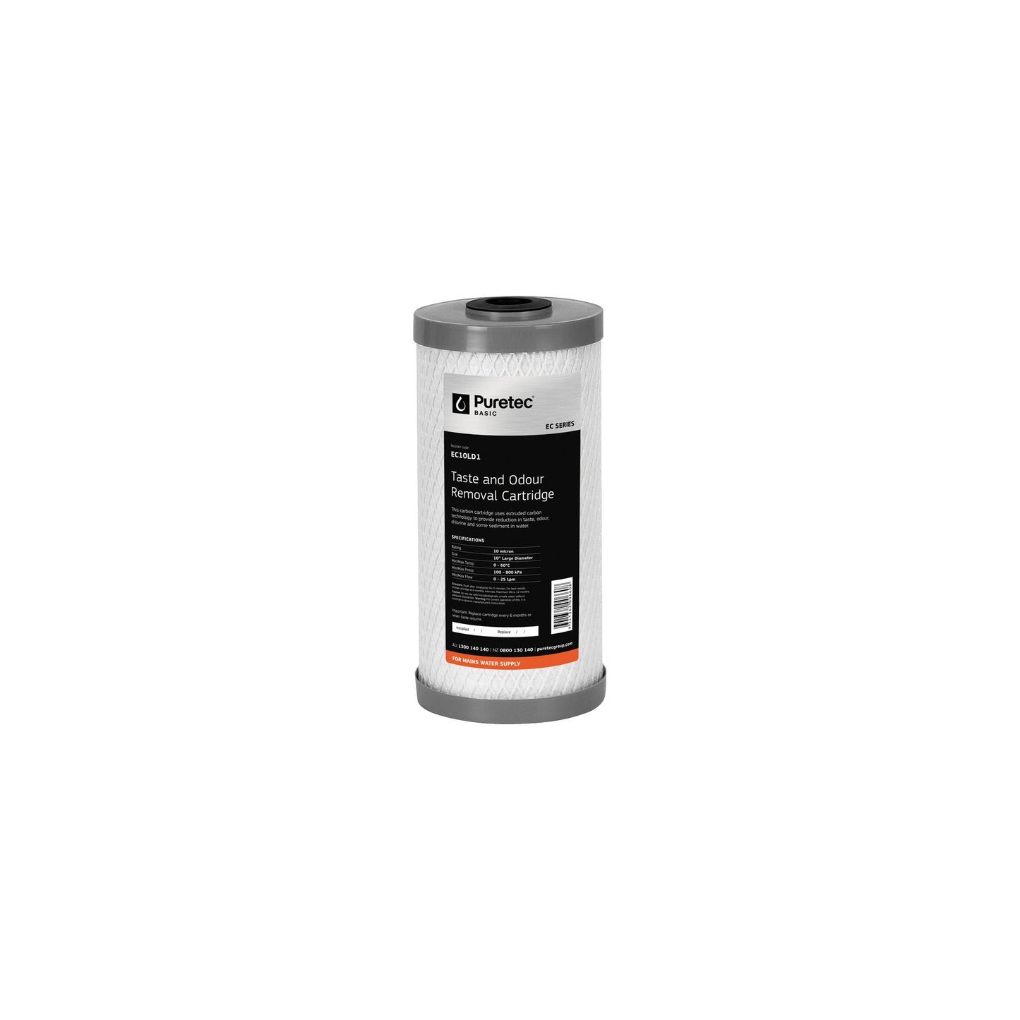 Puretec EC10LD1 Extruded Carbon Large Diameter Cartridge, 10 inch, 10um, on white
