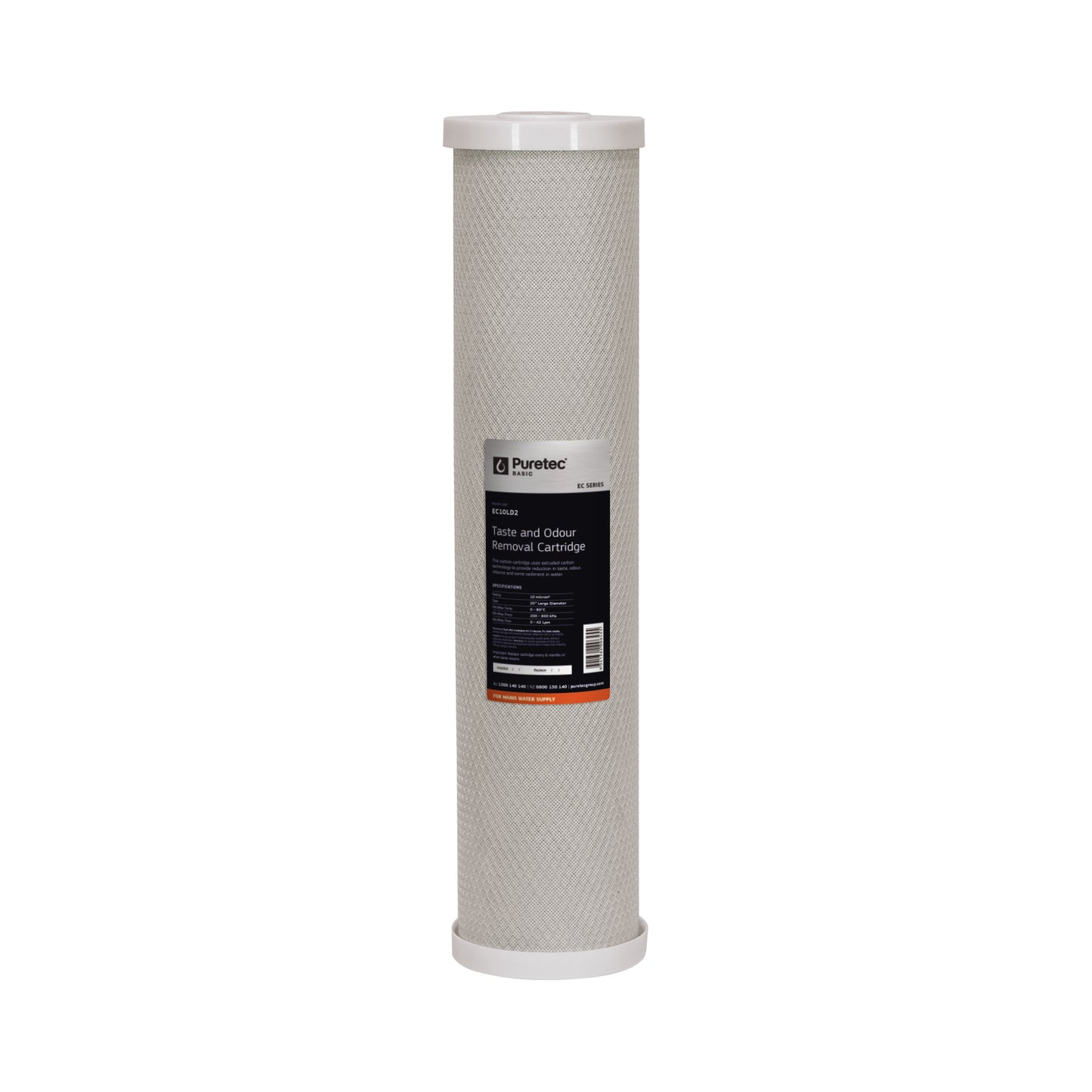 Puretec EC10LD2 Extruded Carbon Large Diameter Cartridge, 20 inch, 10um, on white