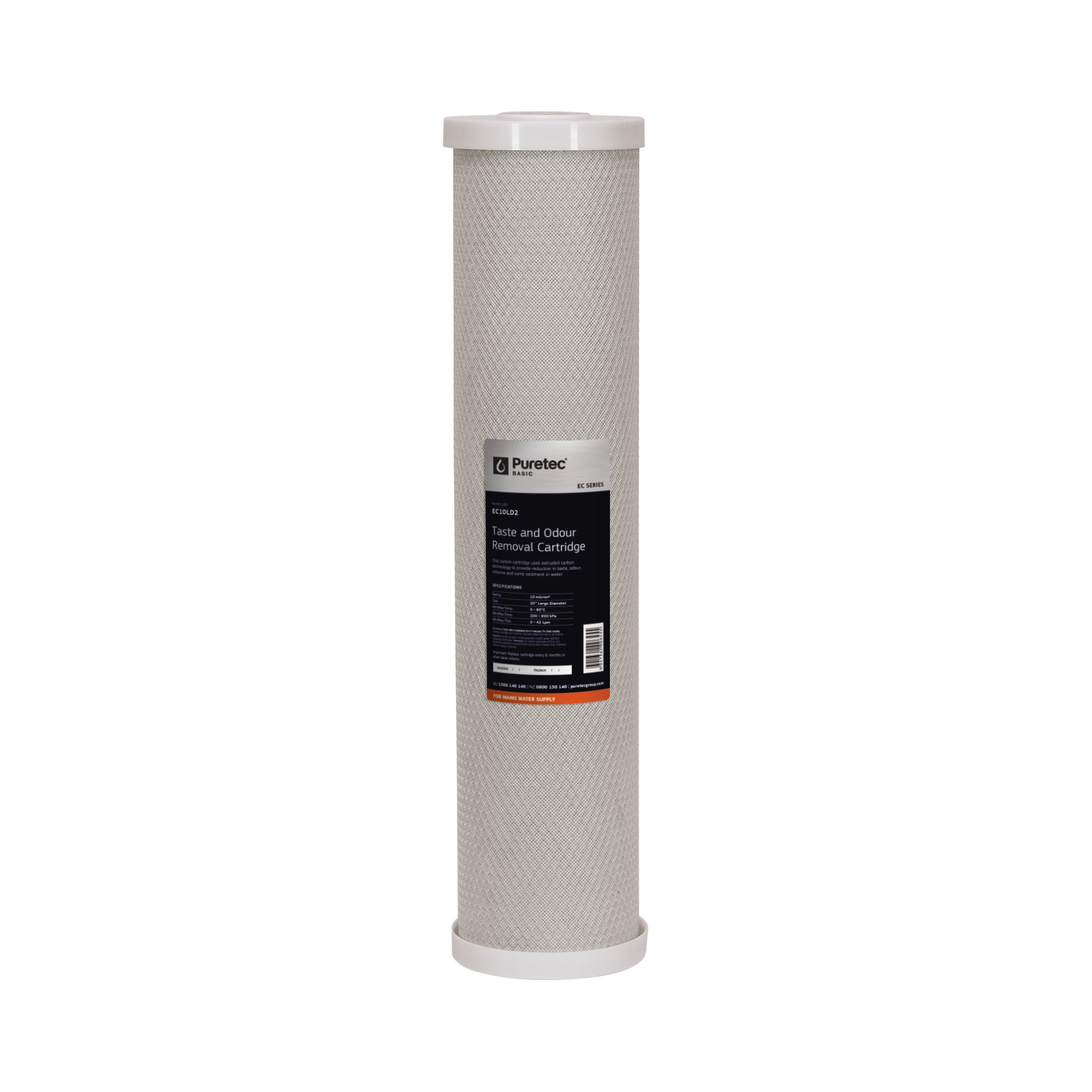 Puretec EC10LD2 Extruded Carbon Large Diameter Cartridge, 20 inch, 10um, on white