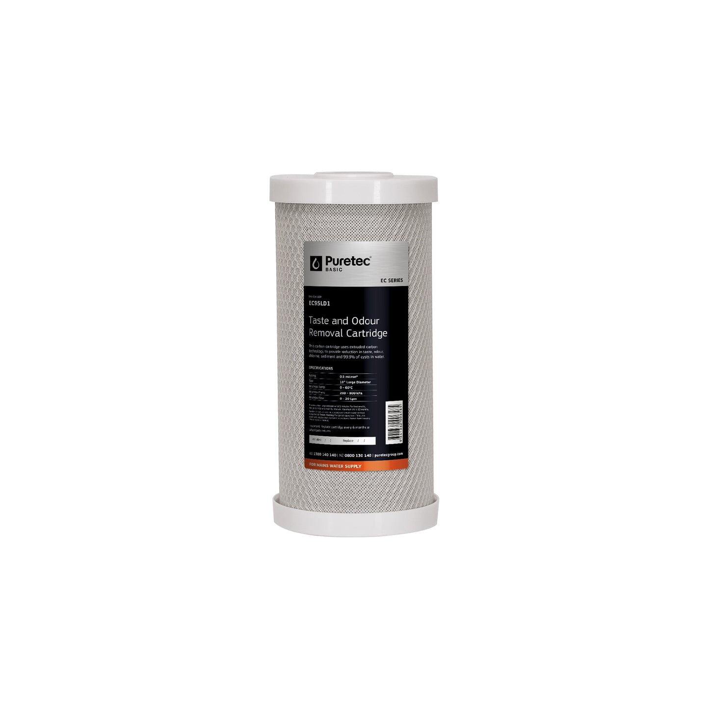 Puretec EC95LD1 Extruded Carbon Large Diameter Cartridge, 10 inch, 0.5um, on white