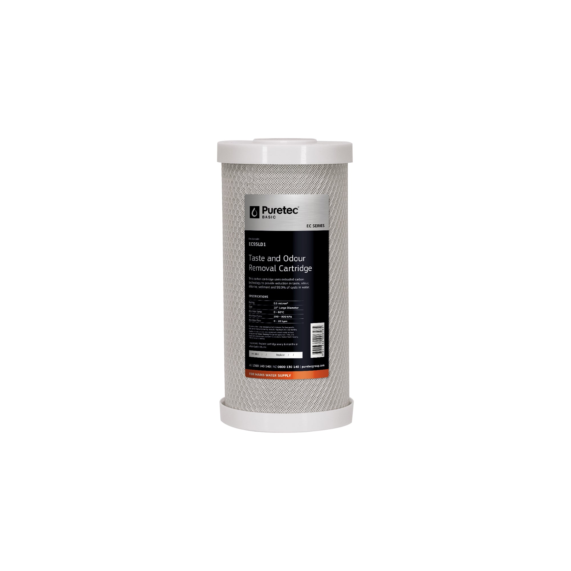 Puretec EC95LD1 Extruded Carbon Large Diameter Cartridge, 10 inch, 0.5um, on white