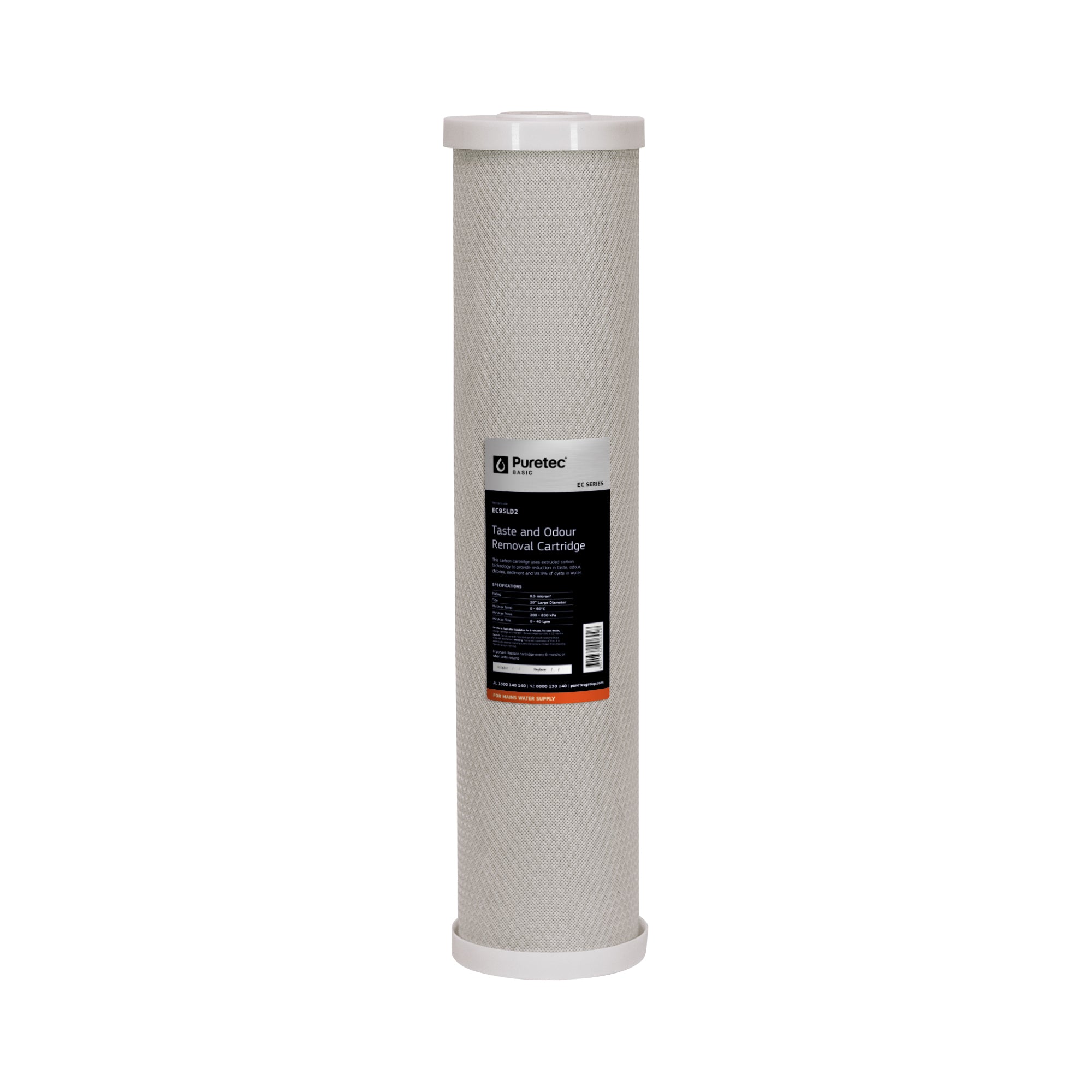 Puretec EC95LD2 Extruded Carbon Large Diameter Cartridge, 20 inch, 0.5um, on white