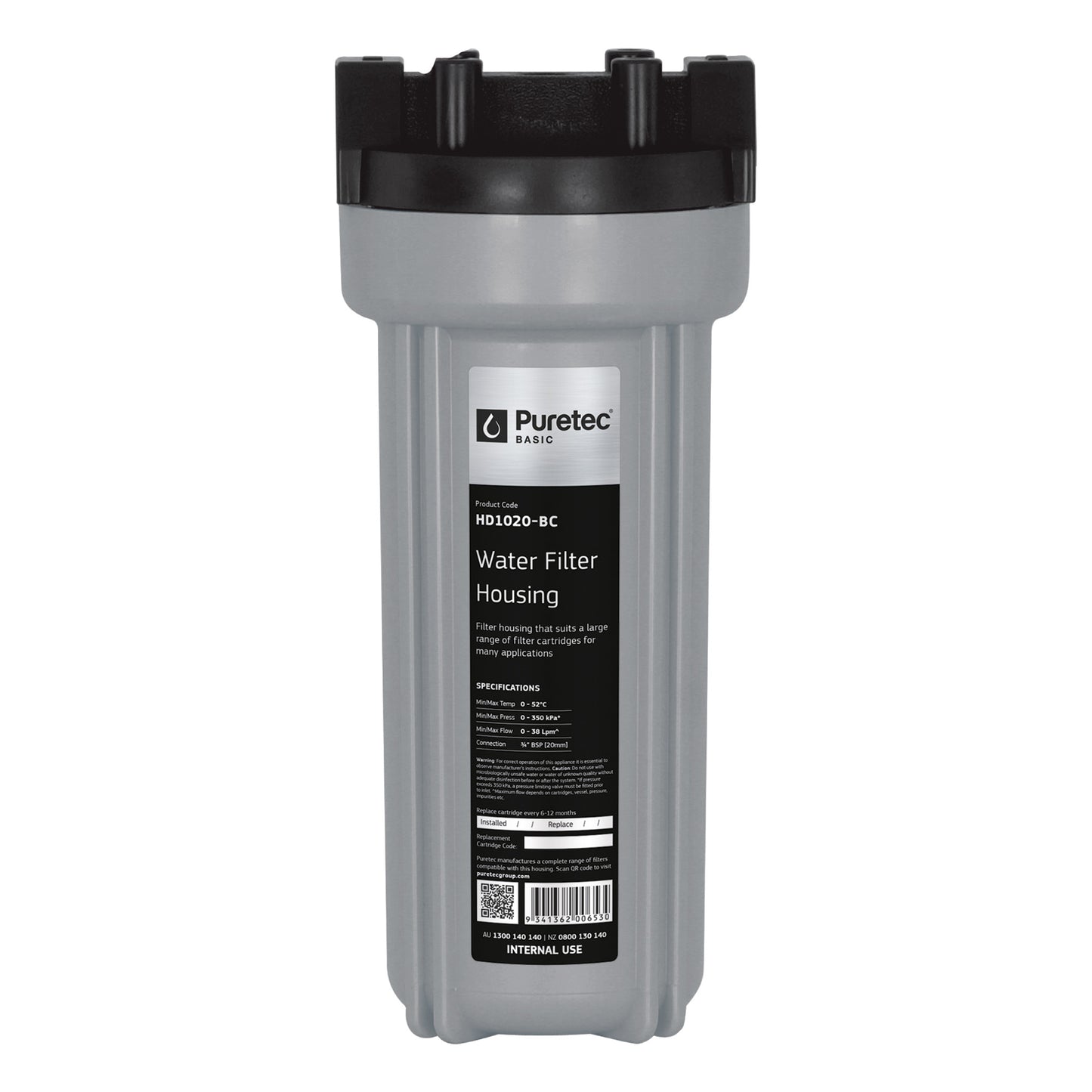 Puretec HD1020-B Filter Housing, Silver w/ Black Head 10 inch , 3/4 Connection, on white