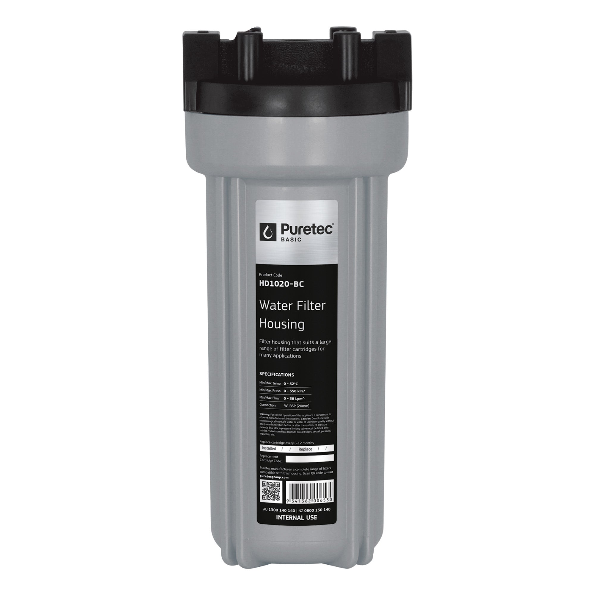 Puretec HD1020-B Filter Housing, Silver w/ Black Head 10 inch , 3/4 Connection, on white