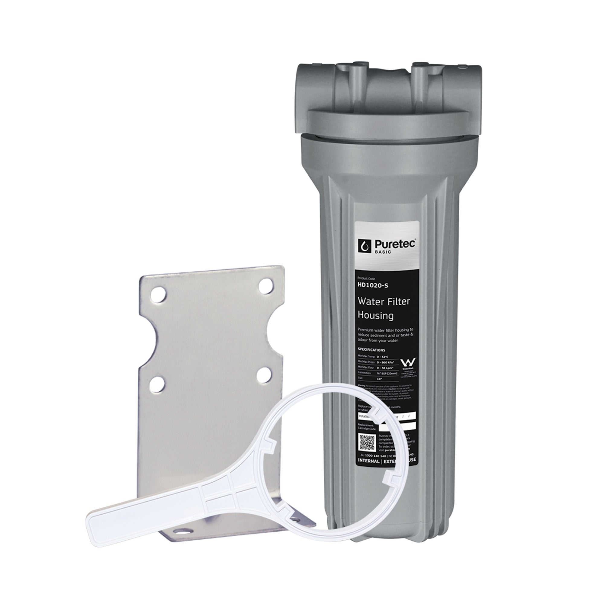 Puretec HD1020-K Filter Housing Kit, 10 inch, Silver w/ Black Head, 3/4 Connection, on white