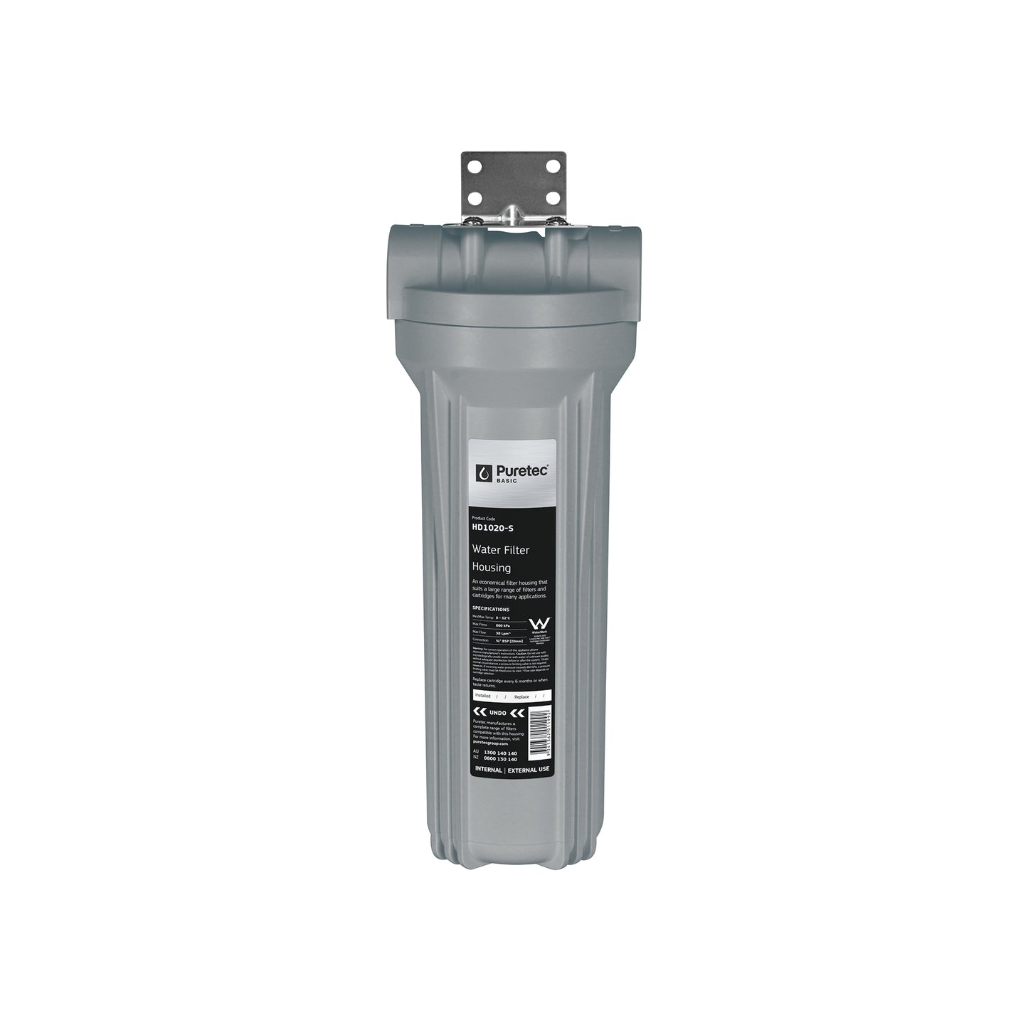 Puretec HD1020-S Filter Housing, 10 inch, Silver W/ BLACK head, 3/4 Connection, on white
