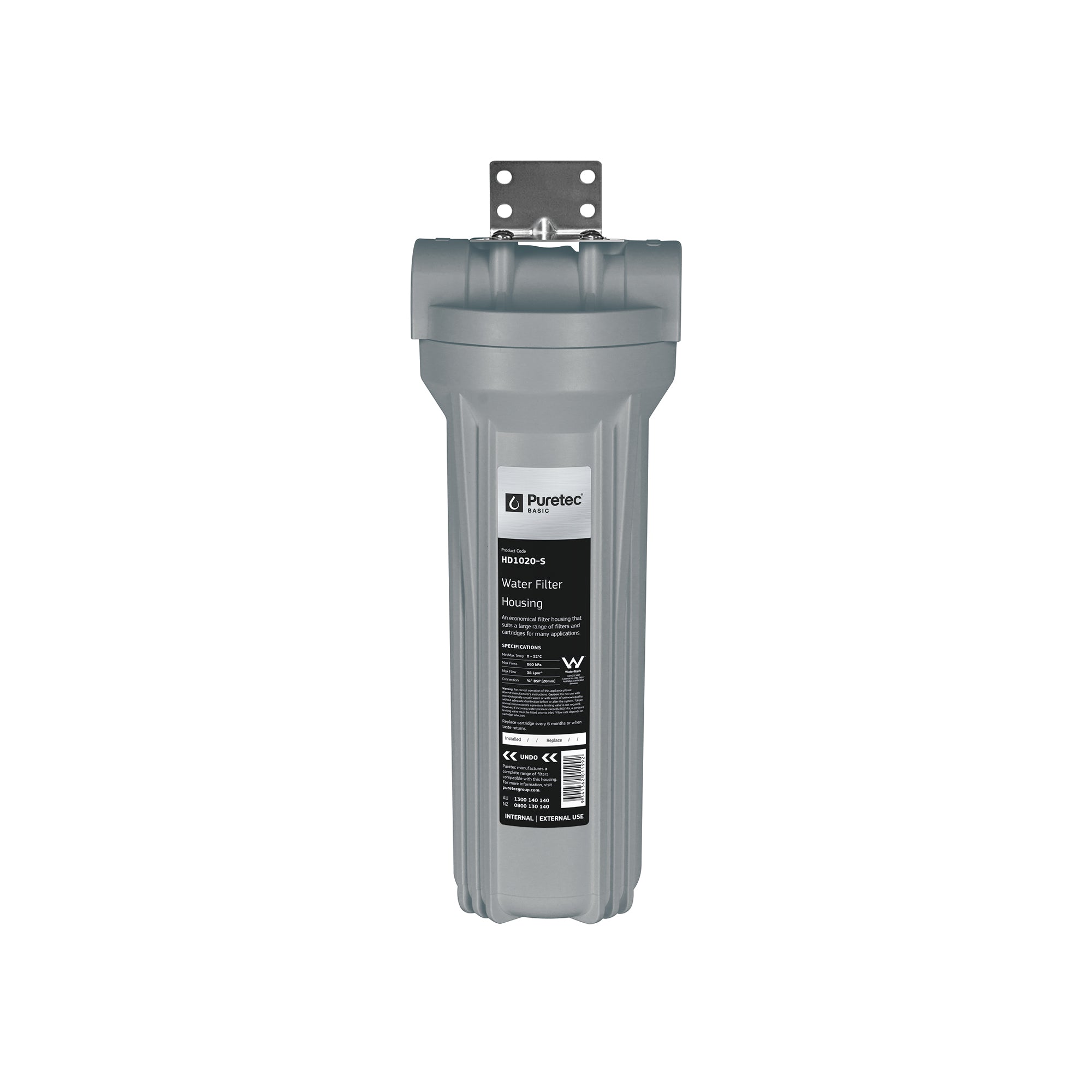 Puretec HD1020-S Filter Housing, 10 inch, Silver W/ BLACK head, 3/4 Connection, on white