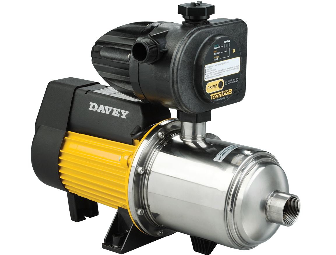 Davey HM Series horizontal multistage pressure pump with a Torrium2 controller, stainless steel wet end and yellow motor housing, sold by Pump Stuff NZ