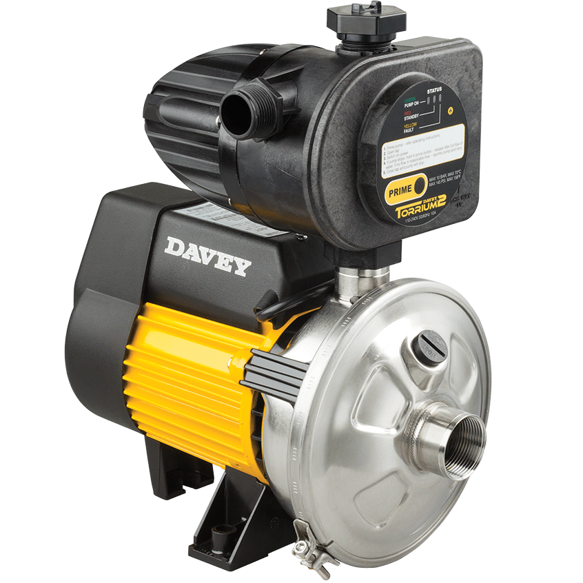 Davey HP Series horizontal pressure pump with a Torrium2 controller, stainless steel wet end and yellow motor housing, sold by Pump Stuff NZ
