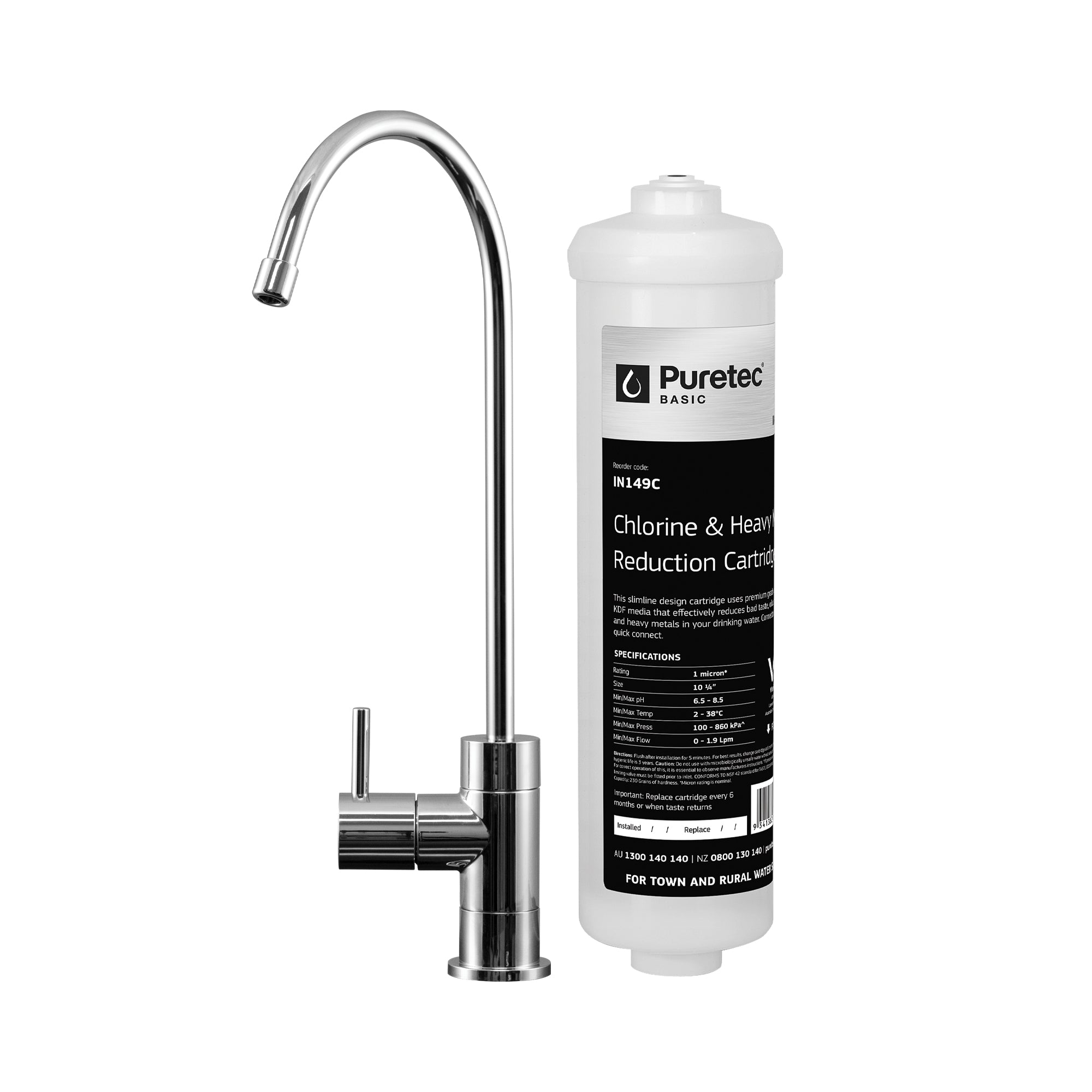 Puretec IL-UB-LF Inline Undersink System, inc faucet, IN149C cartridge, on white