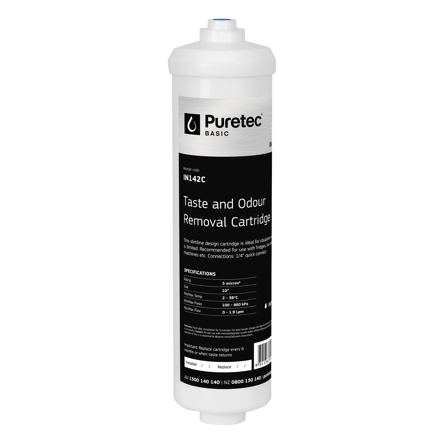 Puretec IN142C Inline Carbon Cartridge, 10 x 2 inch, 1/4 QC Connection, on white