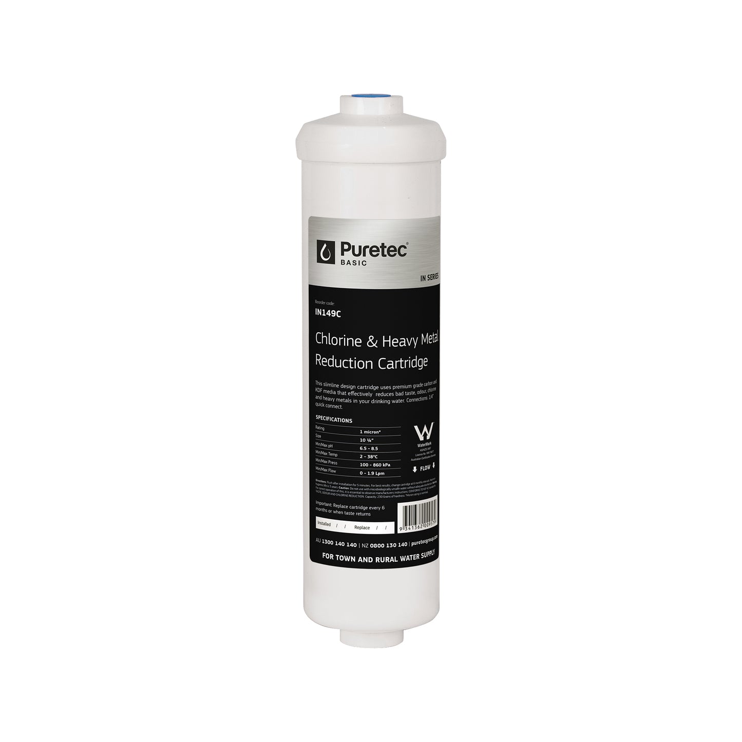 Puretec IN149C Inline KDF/GAC Cartridge, 10 x 2.5 inch, 1/4 quick change, on white