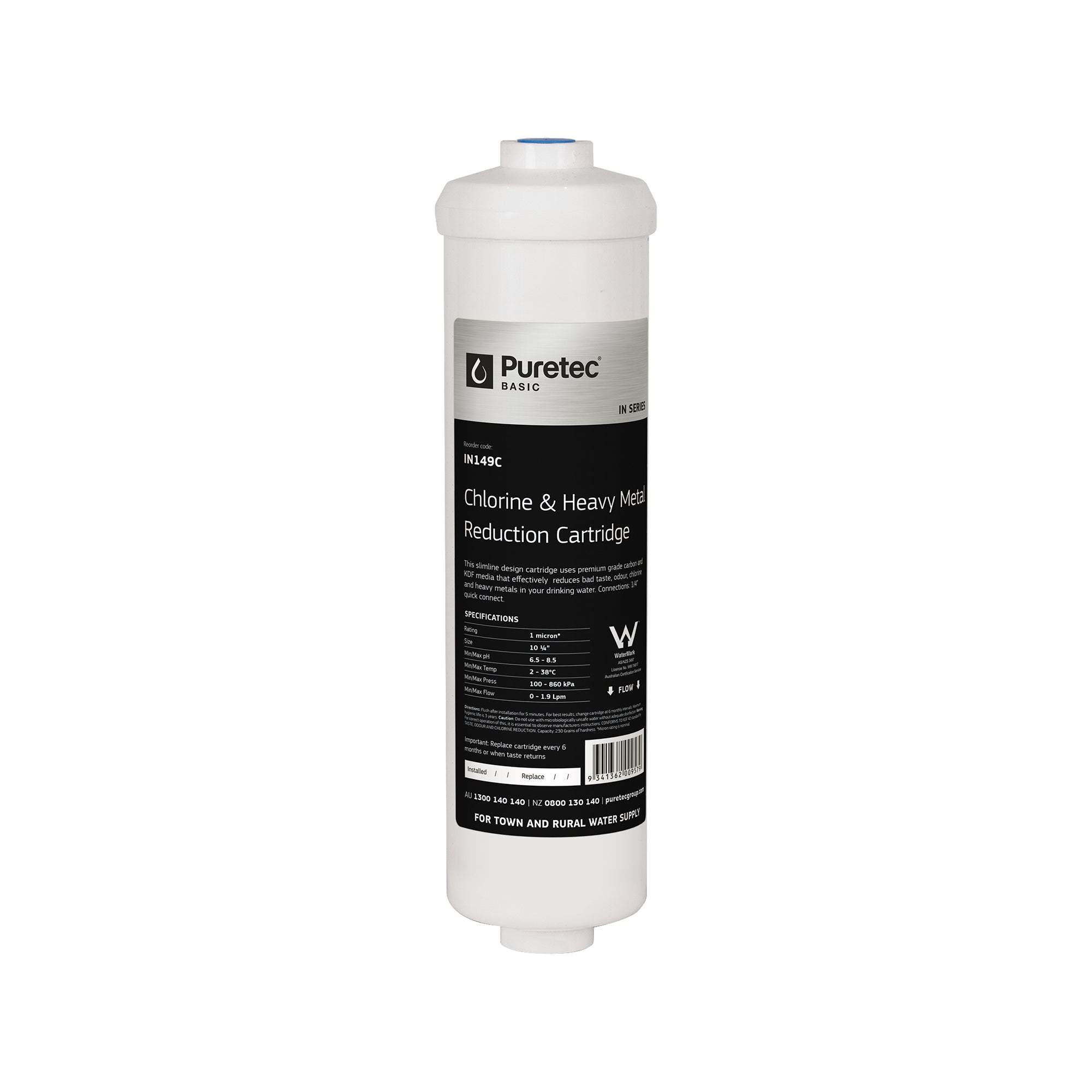 Puretec IN149C Inline KDF/GAC Cartridge, 10 x 2.5 inch, 1/4 quick change, on white